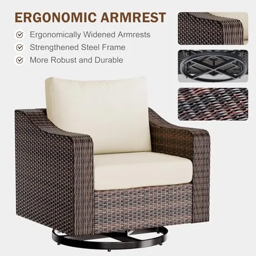 Outdoor Swivel Patio Chairs with Table Set, 360° Rotating 3 Pieces Brown Rattan Sofa Furniture Conversation Set for Garden Porch Balcony Deck (Brown Rattan, Beige Cushion)