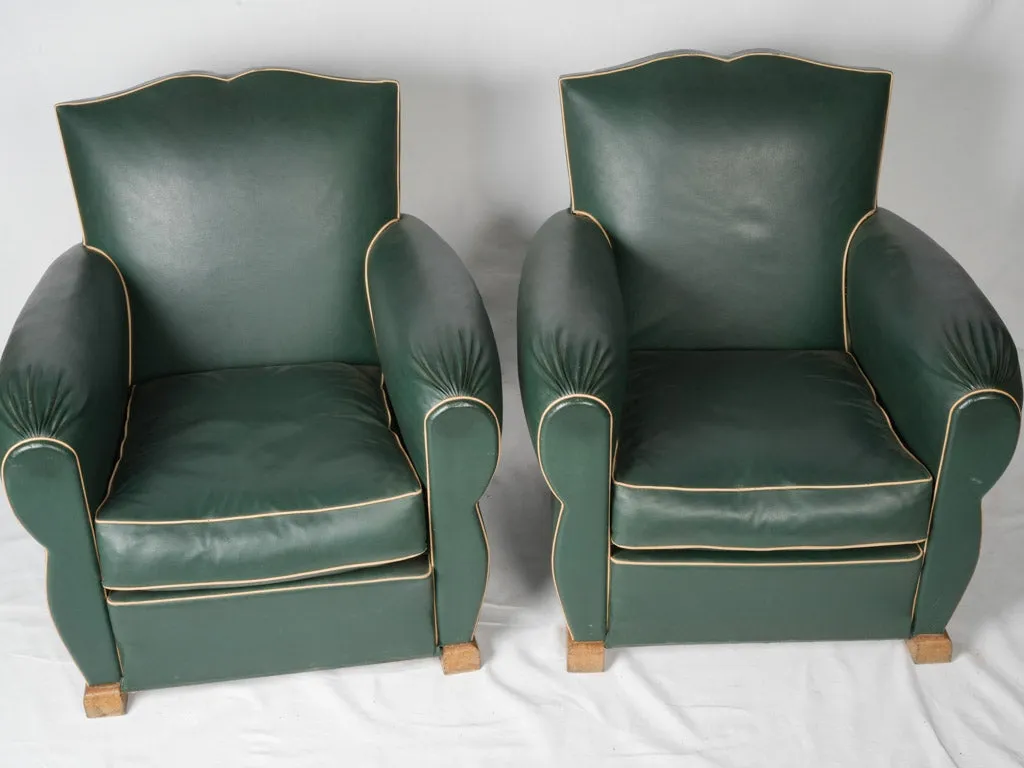 Pair of 1950s Green Faux Leather Club Chairs w/ mustache backs 29½"