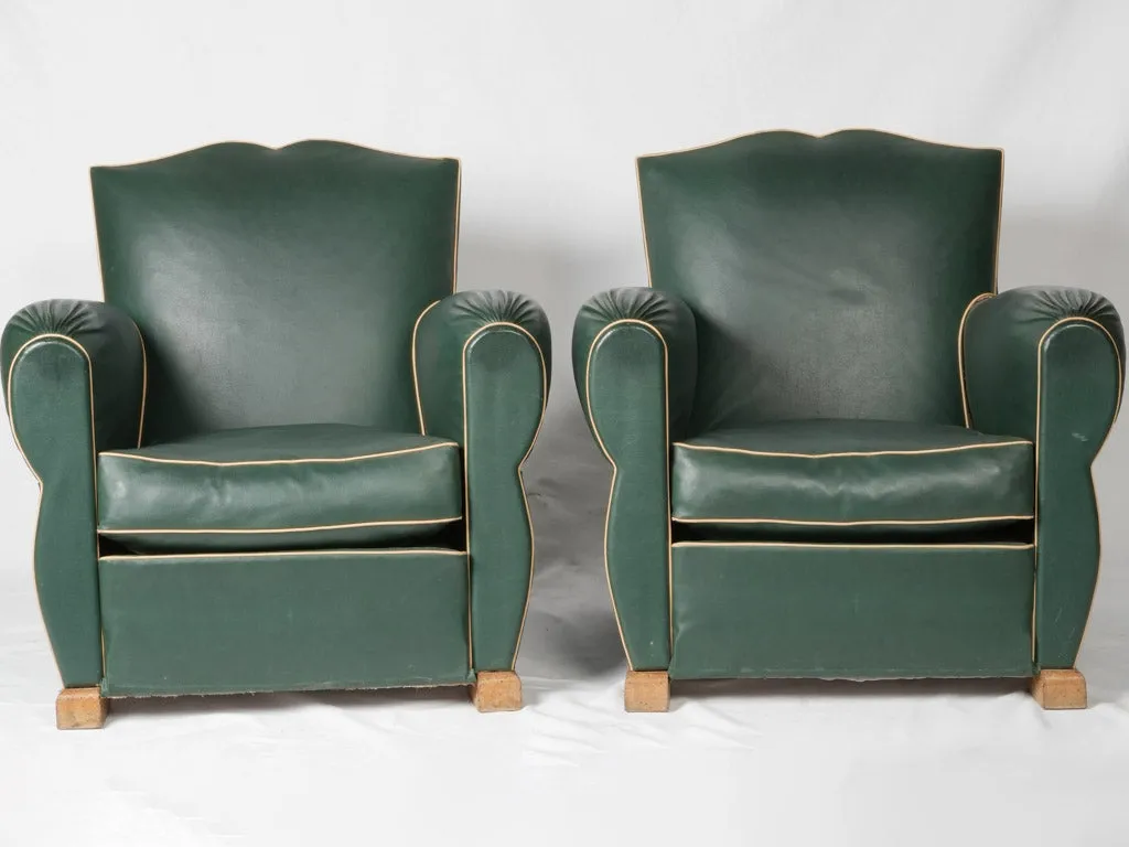 Pair of 1950s Green Faux Leather Club Chairs w/ mustache backs 29½"