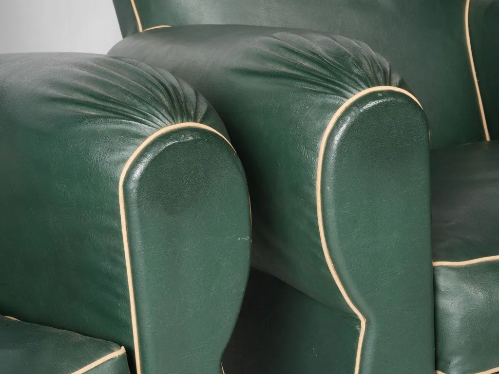 Pair of 1950s Green Faux Leather Club Chairs w/ mustache backs 29½"