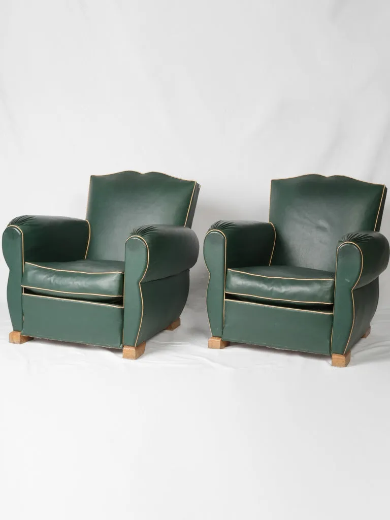 Pair of 1950s Green Faux Leather Club Chairs w/ mustache backs 29½"