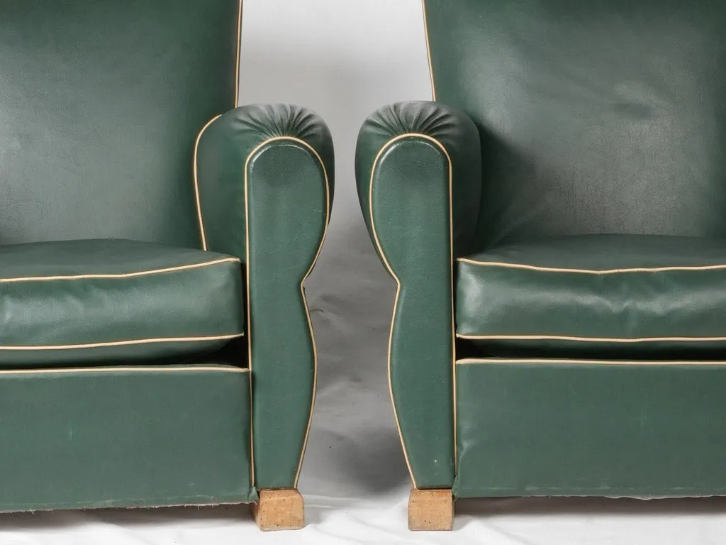 Pair of 1950s Green Faux Leather Club Chairs w/ mustache backs 29½"