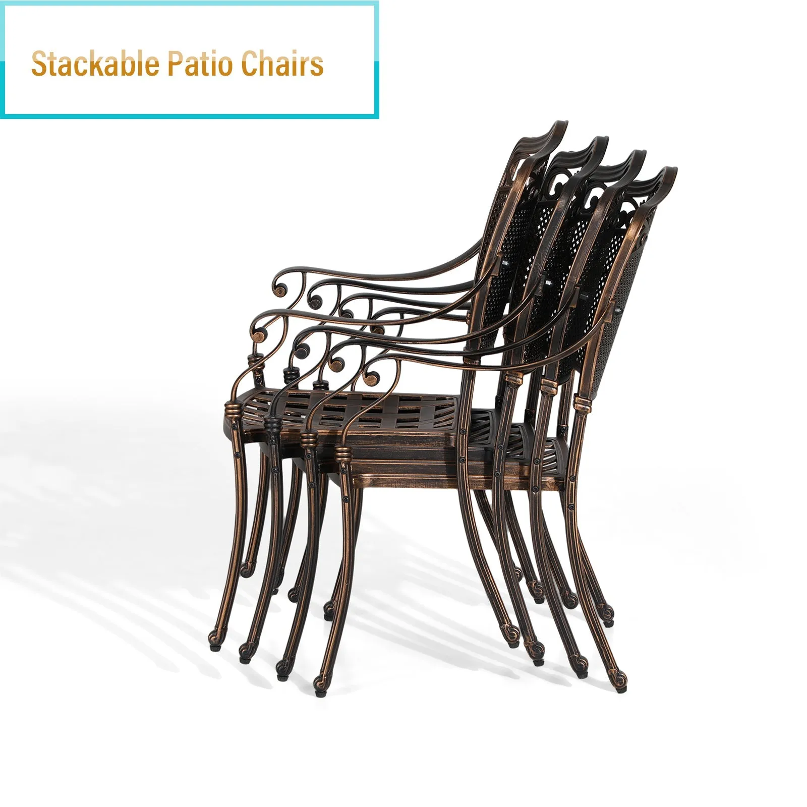 PHI VILLA 7-Piece Outdoor Dining Set With  Cast Aluminum Golden Bronze Chairs And Rectangle Table