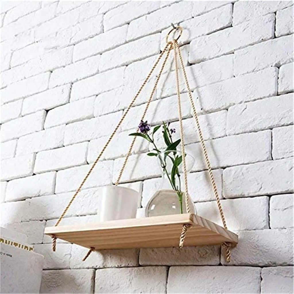 Premium Wood Swing Hanging Rope Wall Mounted Shelves Plant Flower Pot Rack indoor outdoor decoration simple design Shelves #Y20