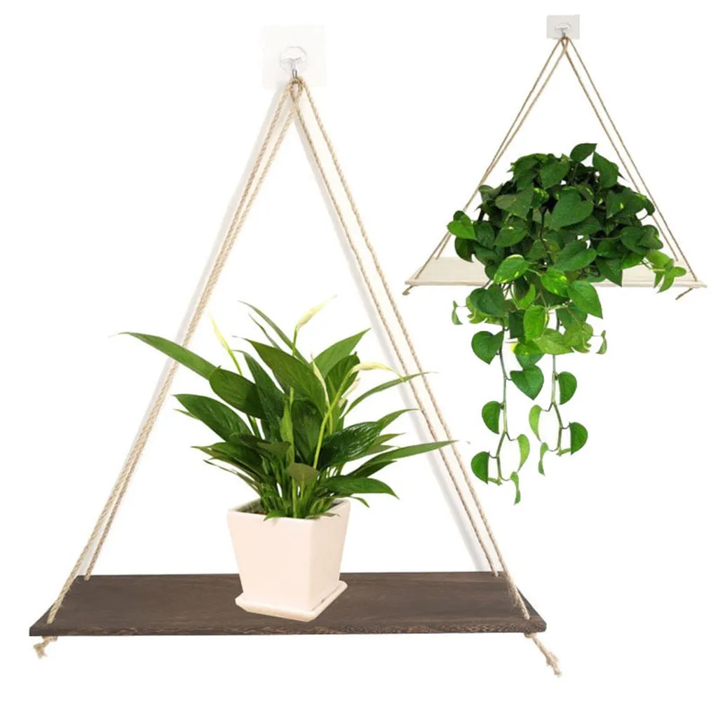 Premium Wood Swing Hanging Rope Wall Mounted Shelves Plant Flower Pot Rack indoor outdoor decoration simple design Shelves #Y20