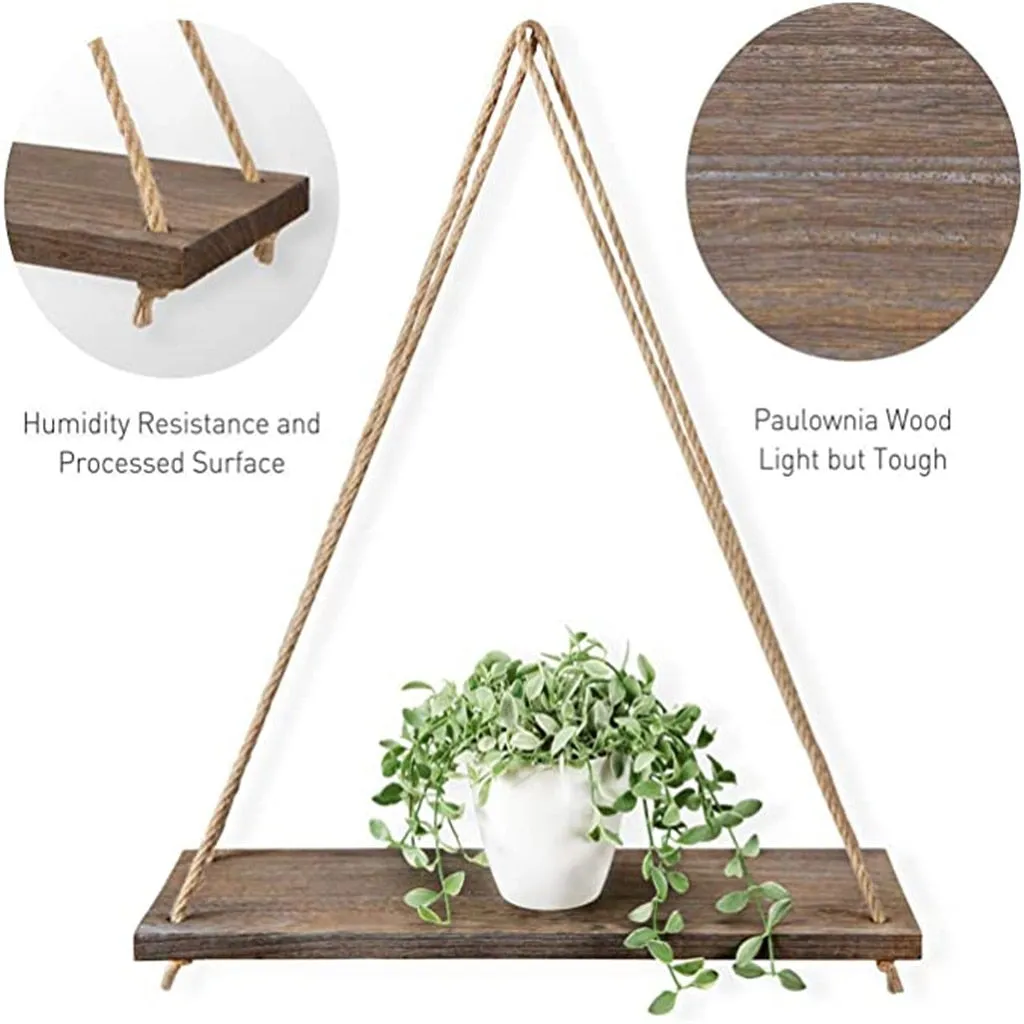 Premium Wood Swing Hanging Rope Wall Mounted Shelves Plant Flower Pot Rack indoor outdoor decoration simple design Shelves #Y20