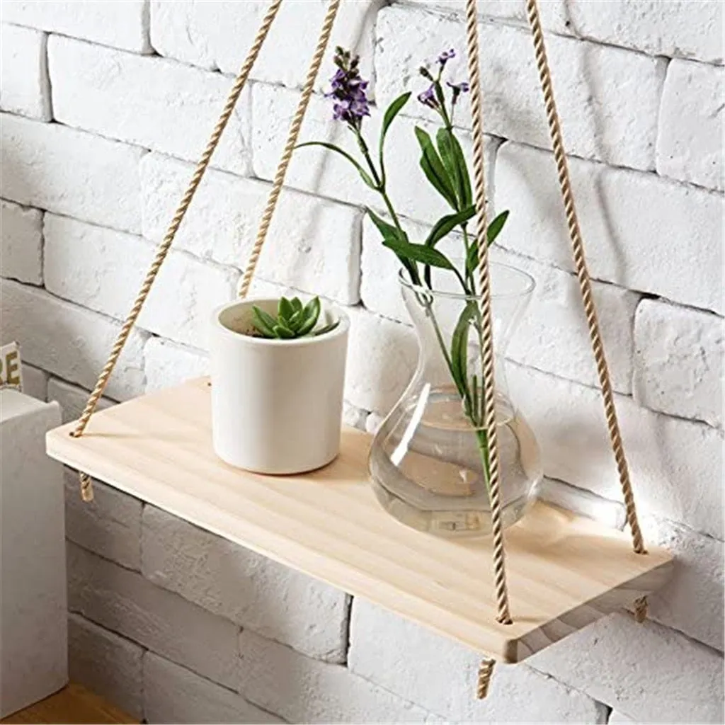 Premium Wood Swing Hanging Rope Wall Mounted Shelves Plant Flower Pot Rack indoor outdoor decoration simple design Shelves #Y20