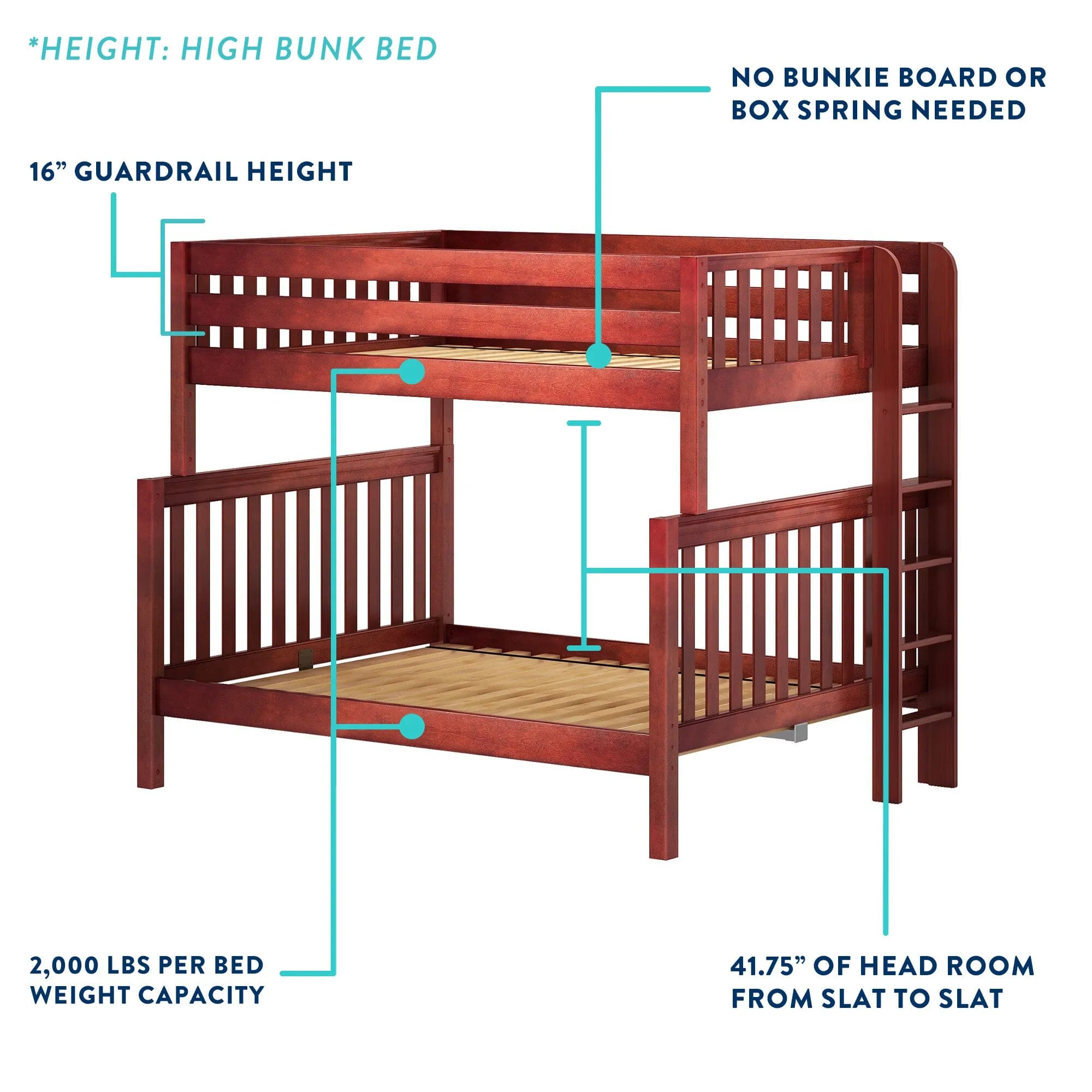 Queen   Twin XL High Corner Bunk with Angled Ladder and Stairs on Left