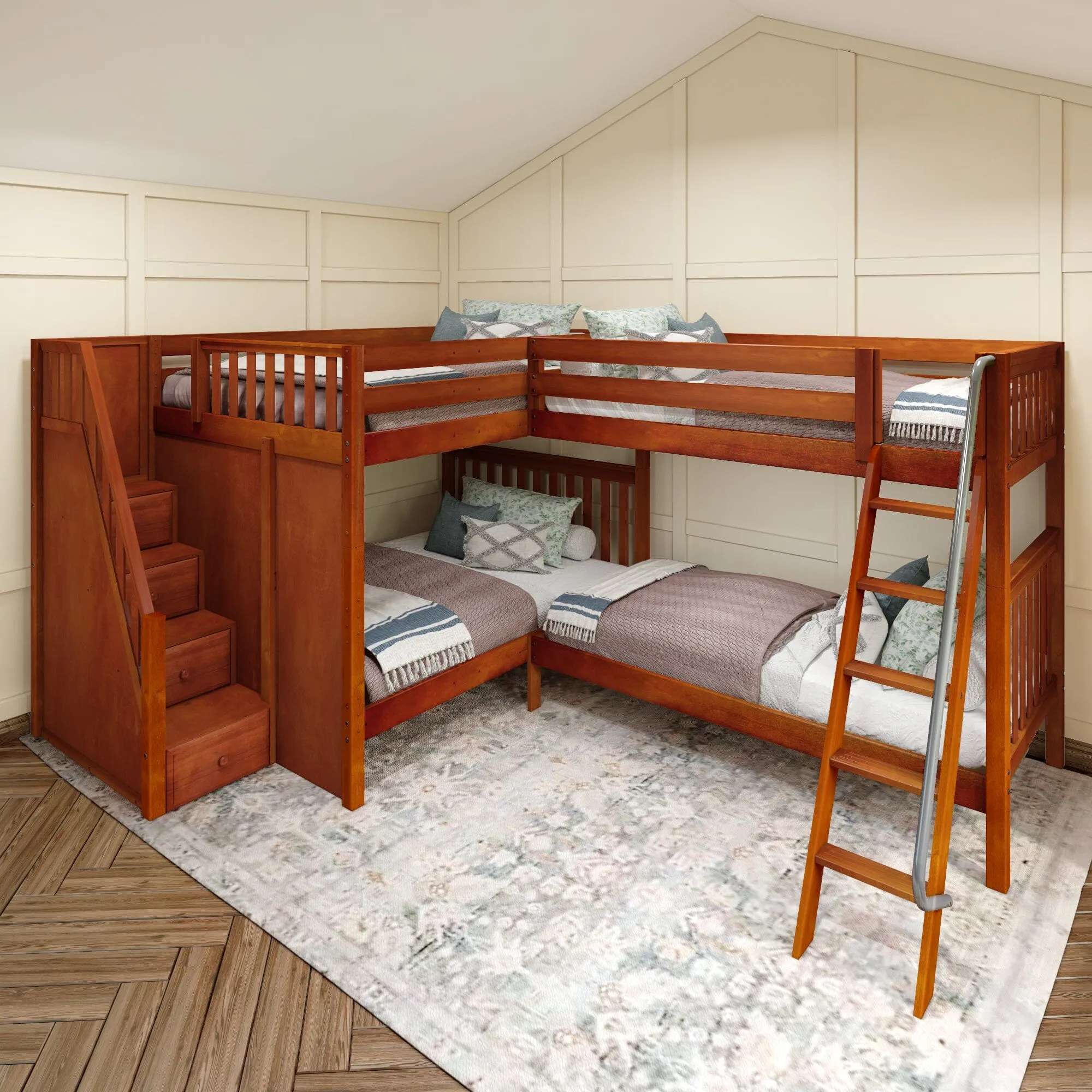 Queen   Twin XL High Corner Bunk with Angled Ladder and Stairs on Left