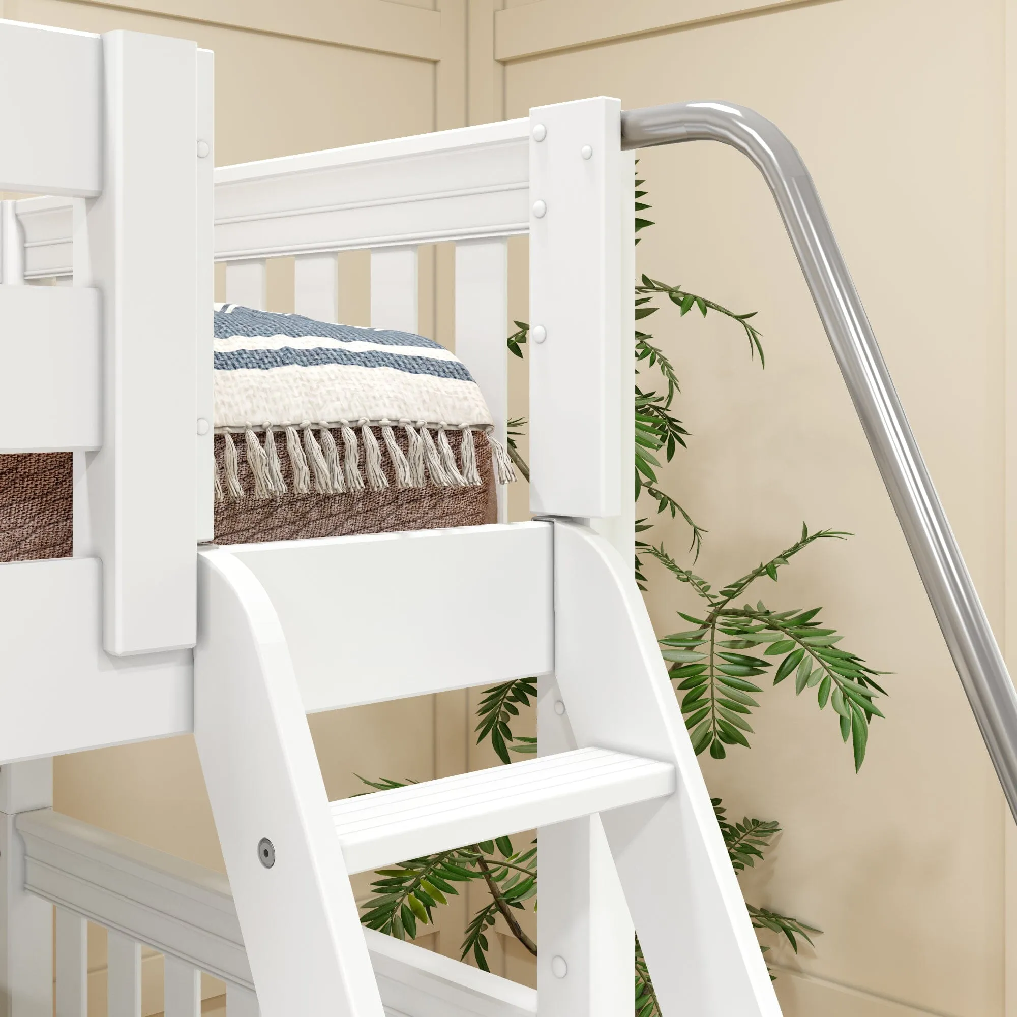 Queen   Twin XL High Corner Bunk with Angled Ladder and Stairs on Left