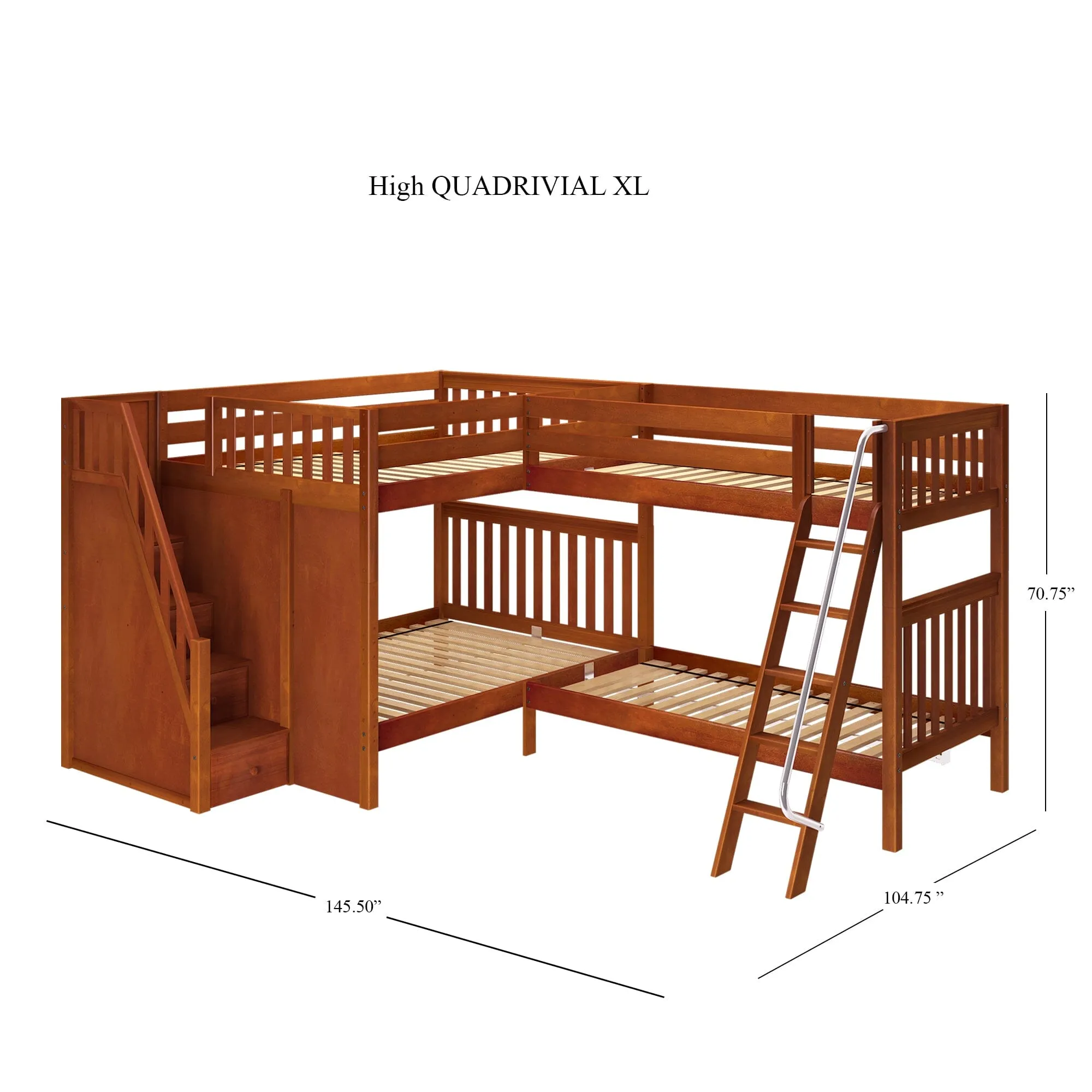 Queen   Twin XL High Corner Bunk with Angled Ladder and Stairs on Left