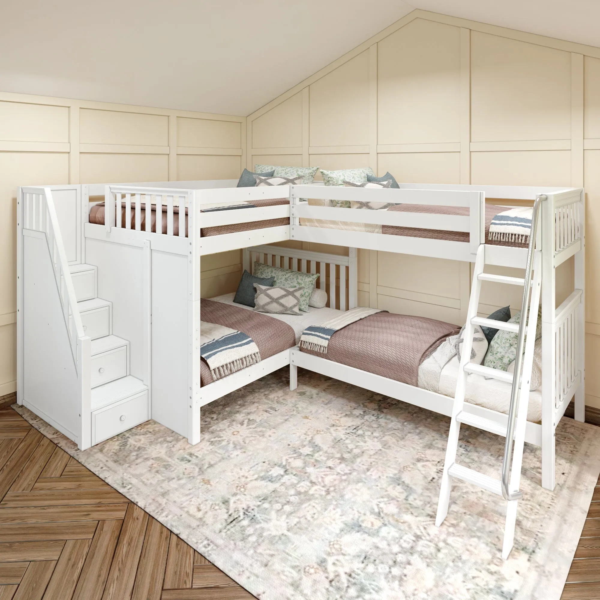 Queen   Twin XL High Corner Bunk with Angled Ladder and Stairs on Left