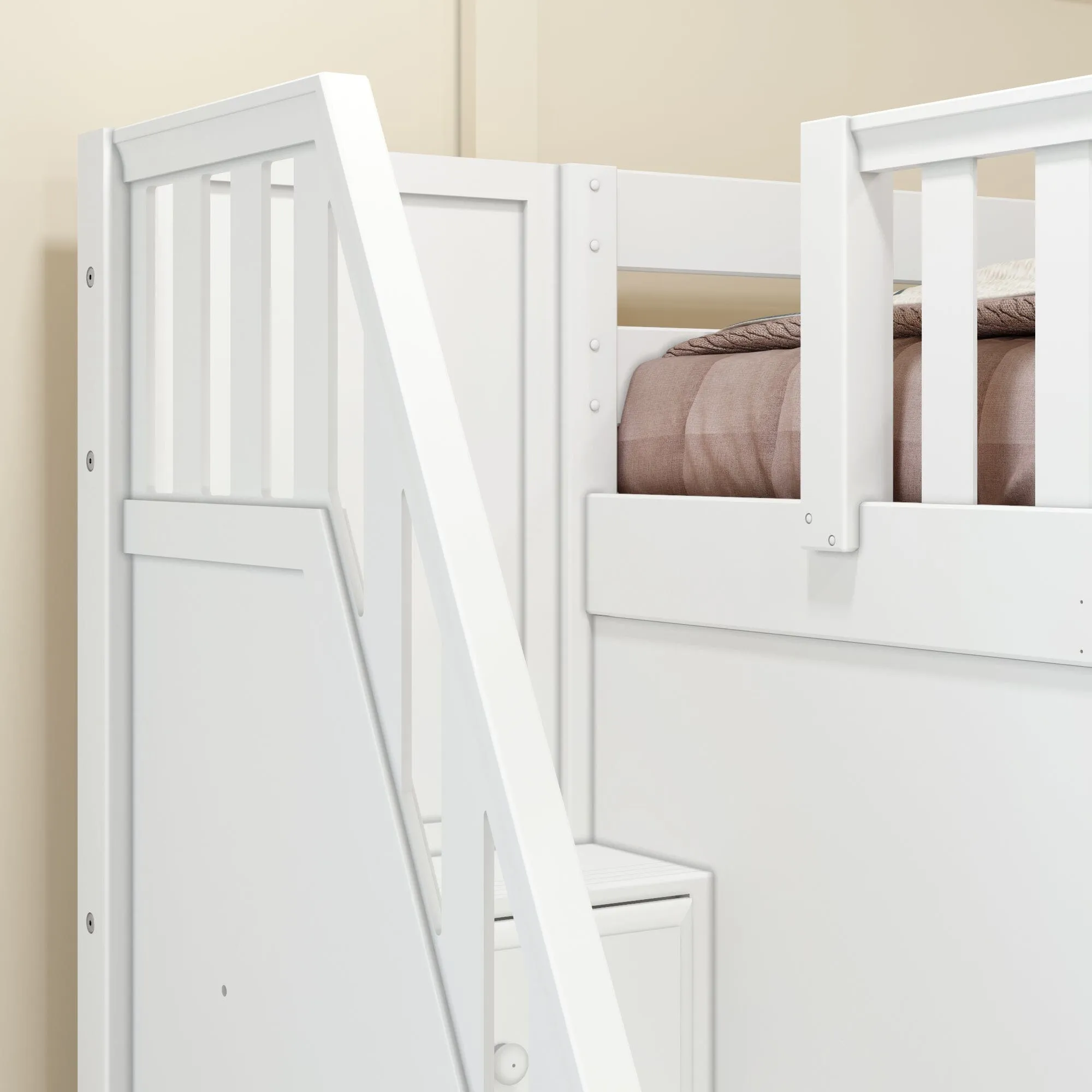 Queen   Twin XL High Corner Bunk with Angled Ladder and Stairs on Left