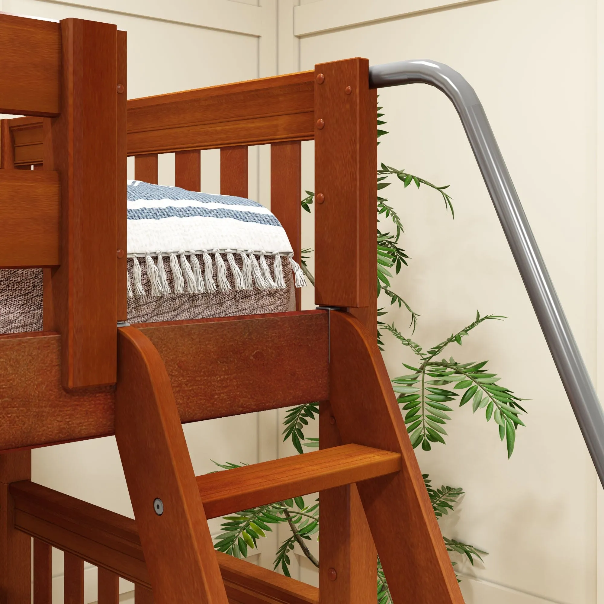 Queen   Twin XL High Corner Bunk with Angled Ladder and Stairs on Left