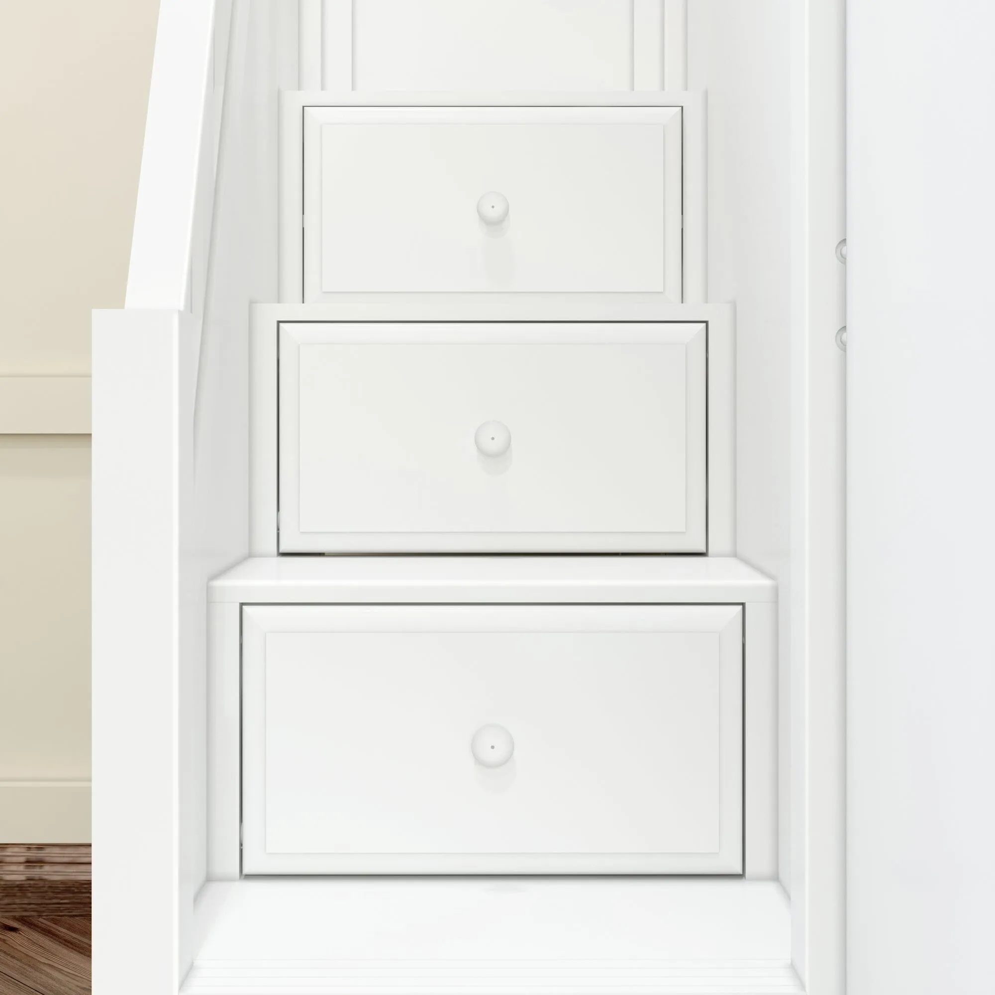 Queen   Twin XL High Corner Bunk with Angled Ladder and Stairs on Left