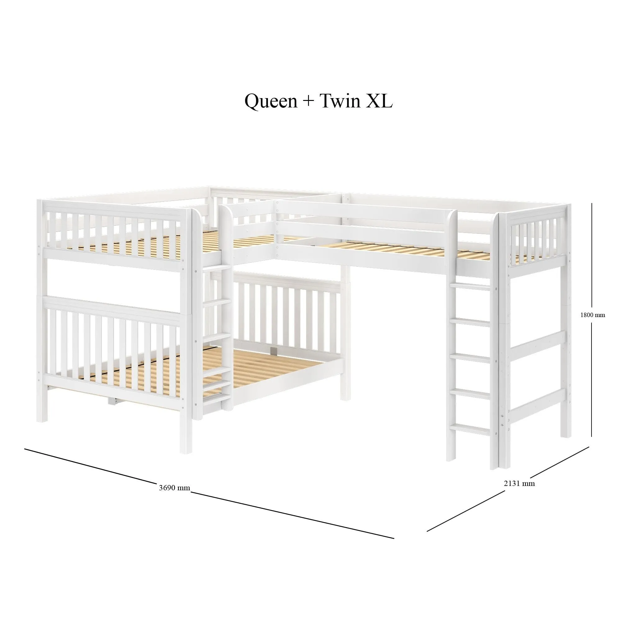 Queen   Twin XL High Corner Loft Bunk with Straight Ladders