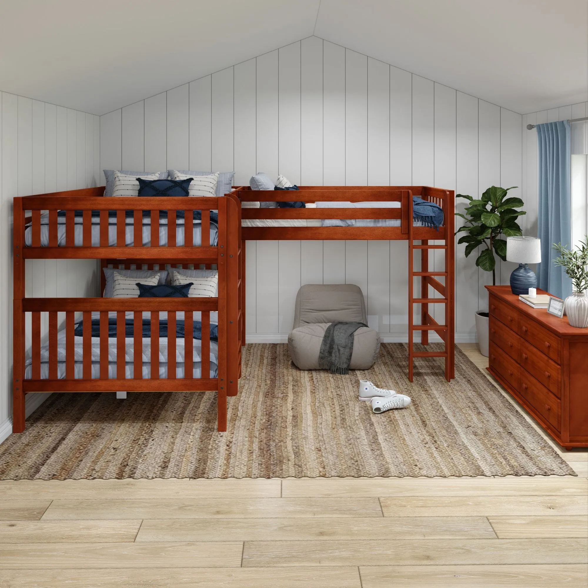 Queen   Twin XL High Corner Loft Bunk with Straight Ladders