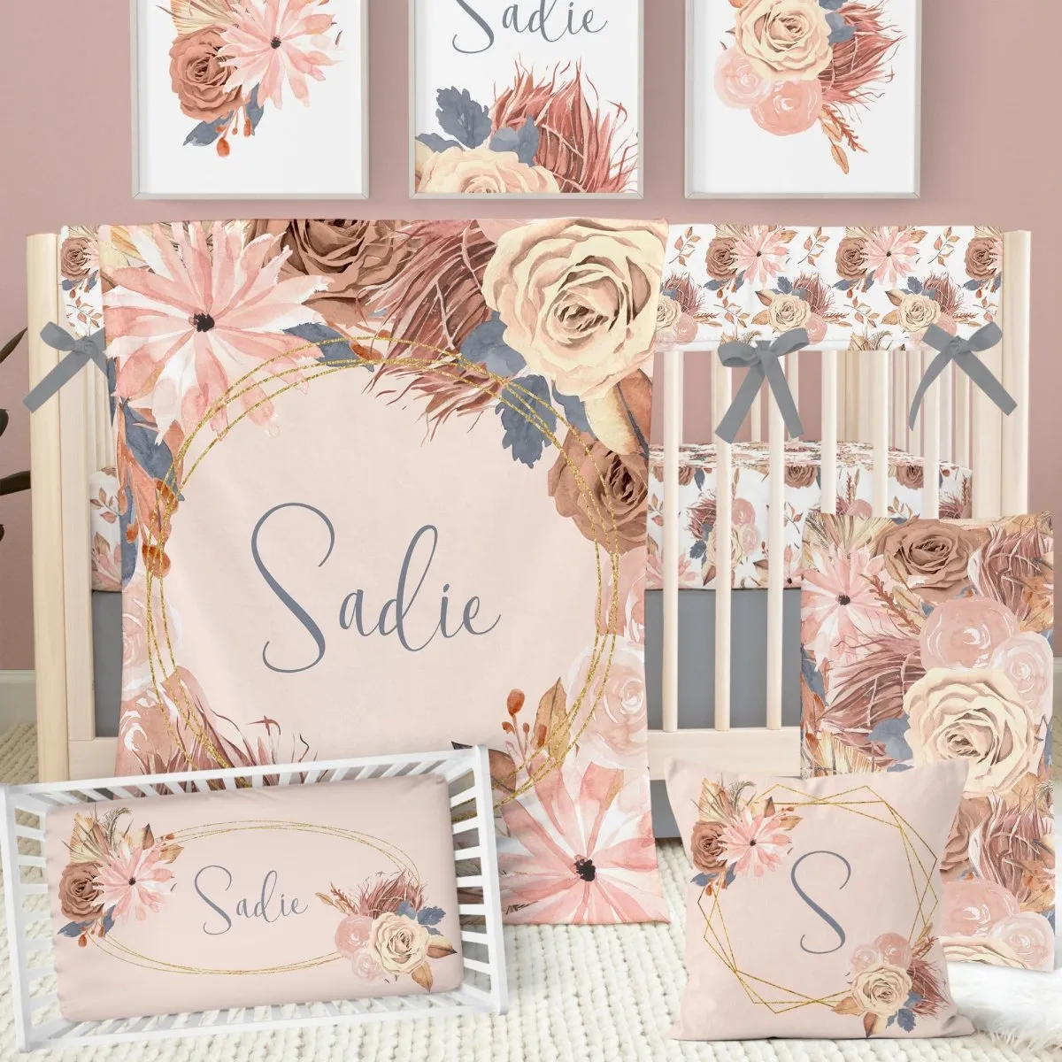 Soft Boho Floral Personalized Nursery Pillow