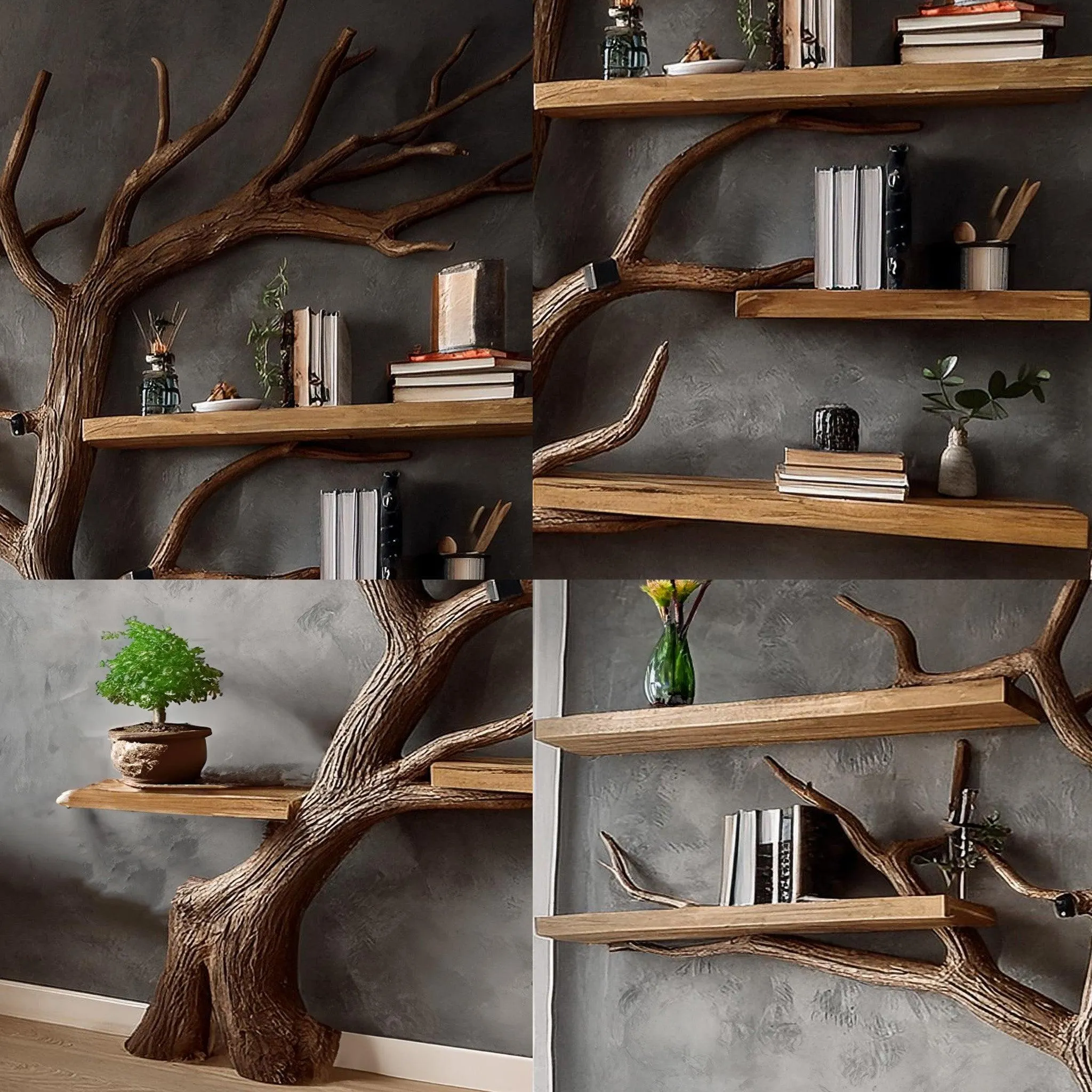 Solid Wood Floating Bookshelf with Driftwood Branch
