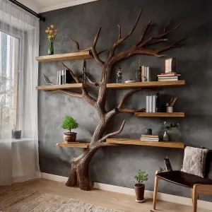 Solid Wood Floating Bookshelf with Driftwood Branch