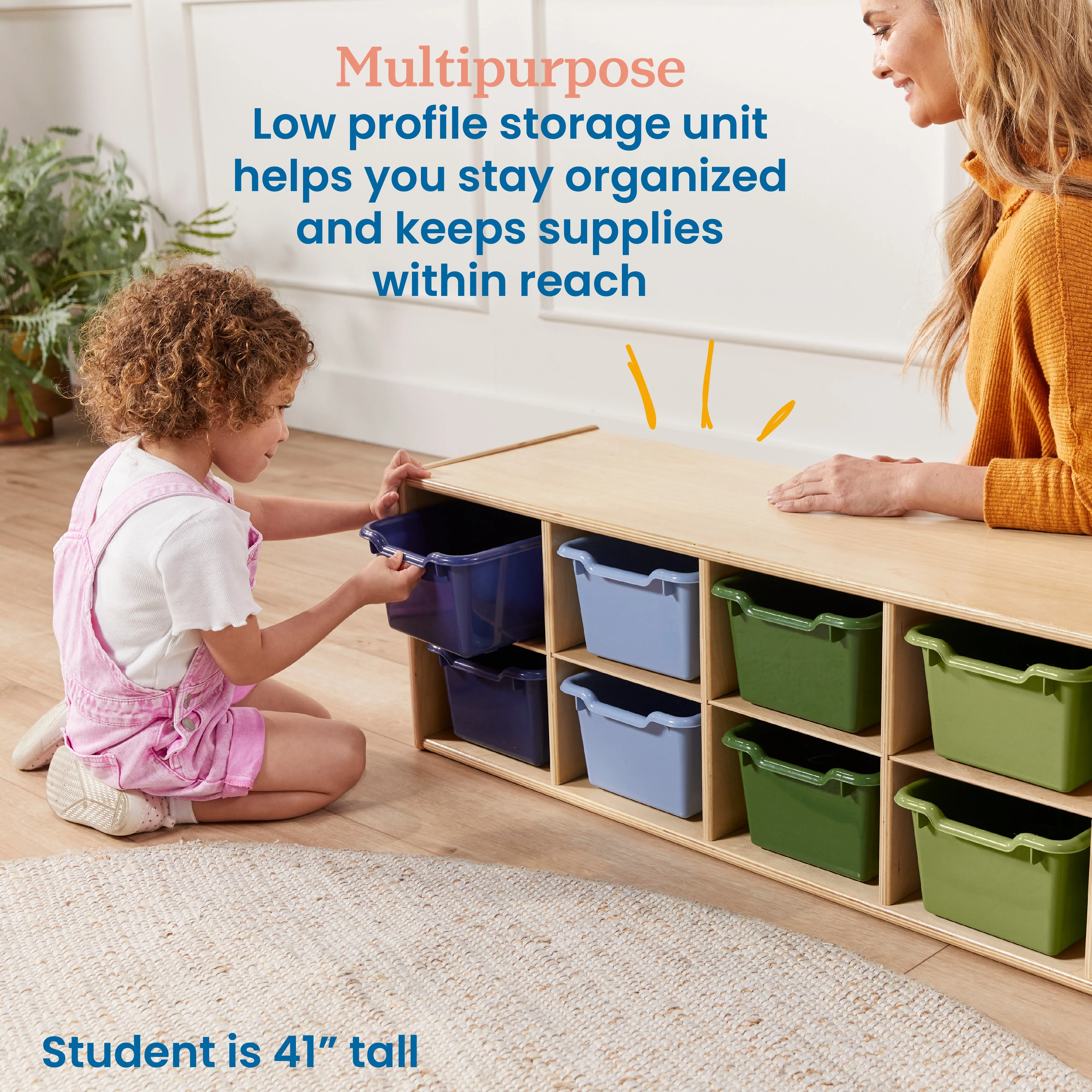 Streamline 10 Cubby Tray Cabinet with Scoop Front Storage Bins, 2x5, Natural, Classroom Furniture