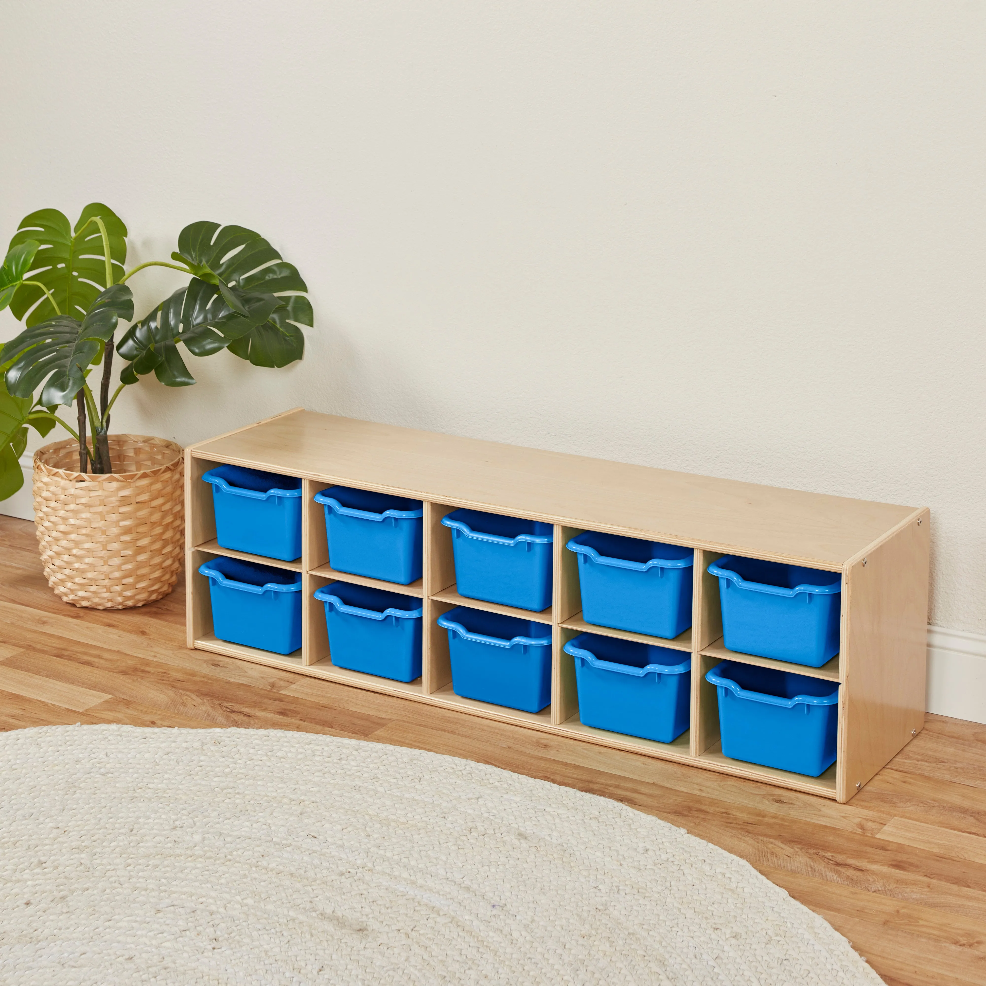 Streamline 10 Cubby Tray Cabinet with Scoop Front Storage Bins, 2x5, Natural, Classroom Furniture