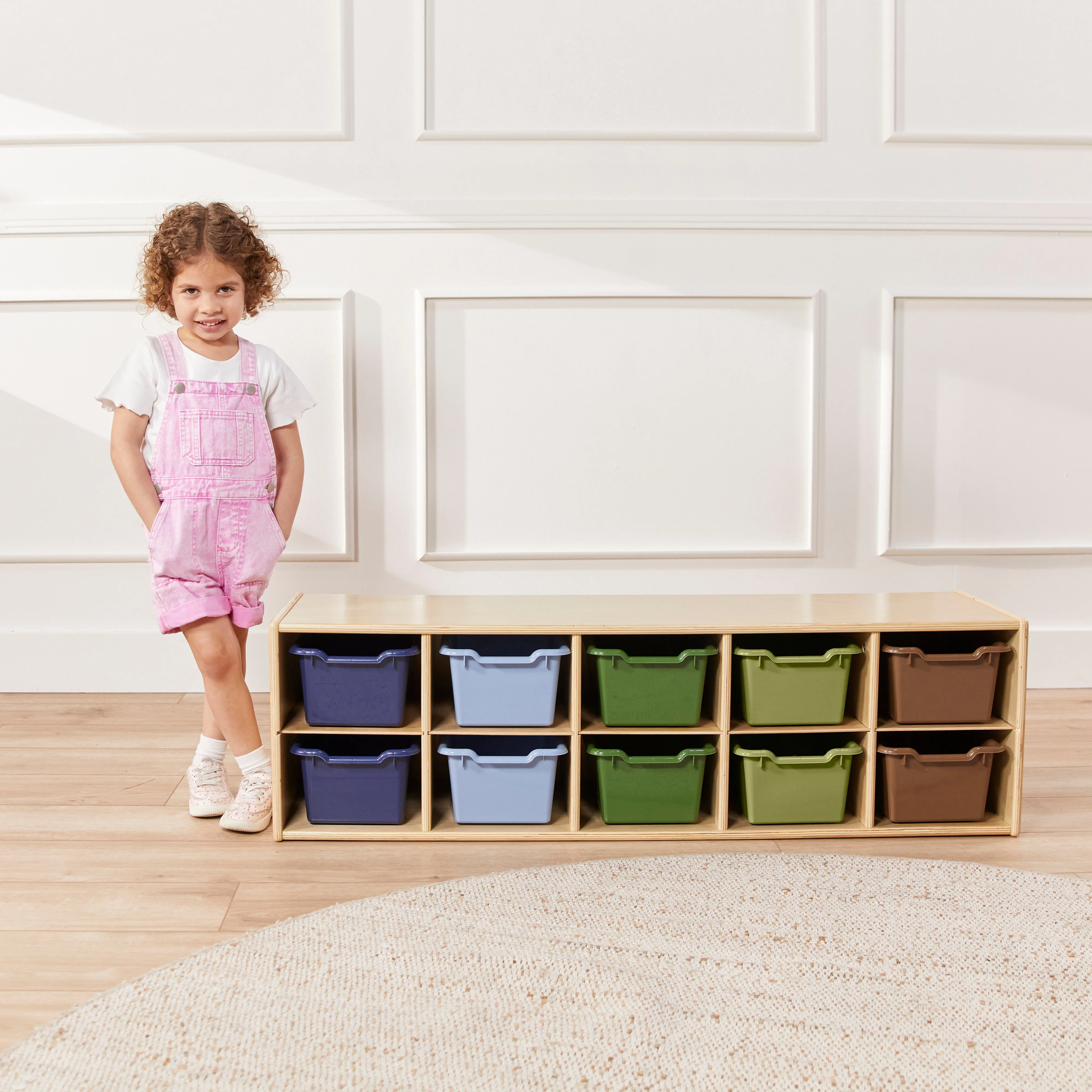Streamline 10 Cubby Tray Cabinet with Scoop Front Storage Bins, 2x5, Natural, Classroom Furniture