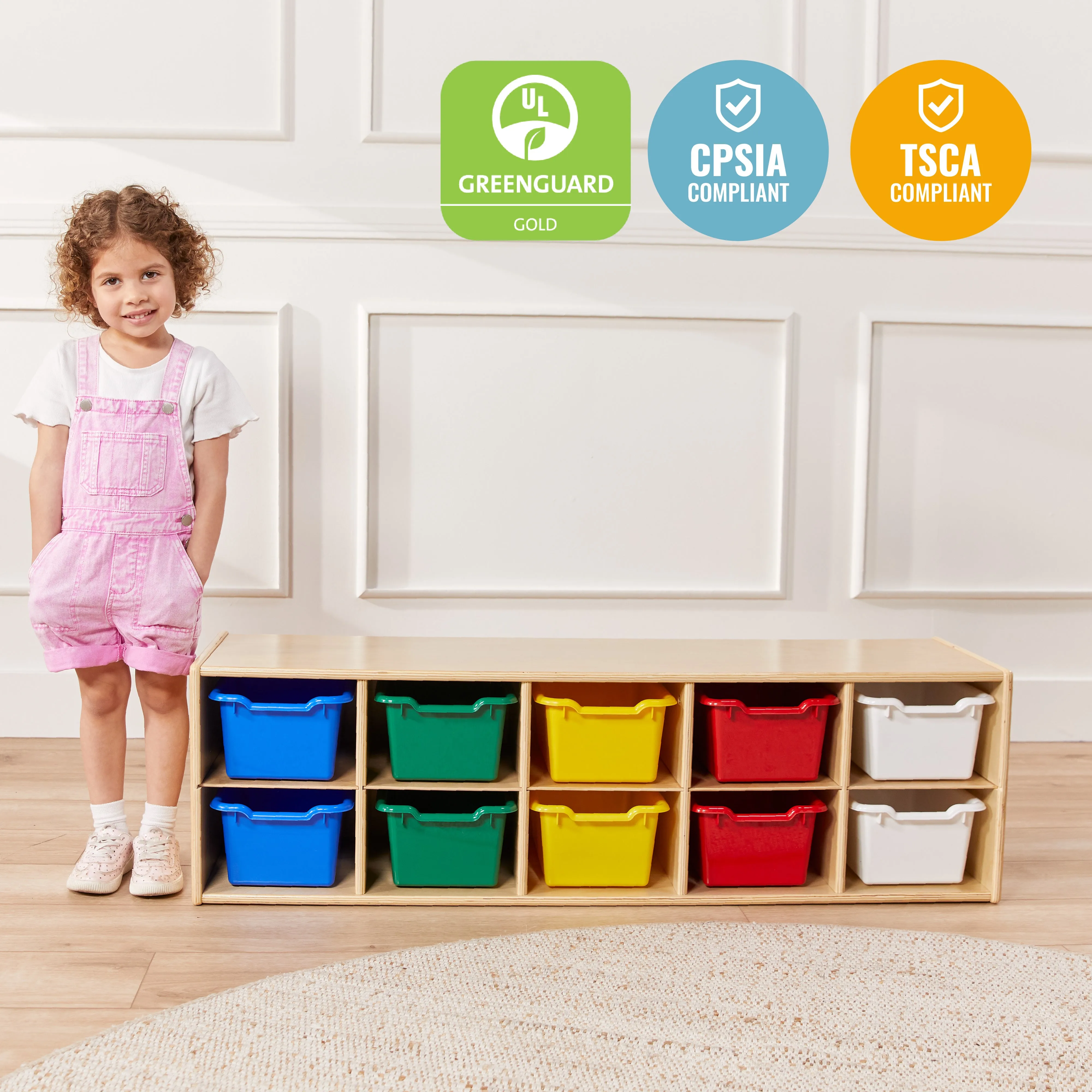 Streamline 10 Cubby Tray Cabinet with Scoop Front Storage Bins, 2x5, Natural, Classroom Furniture