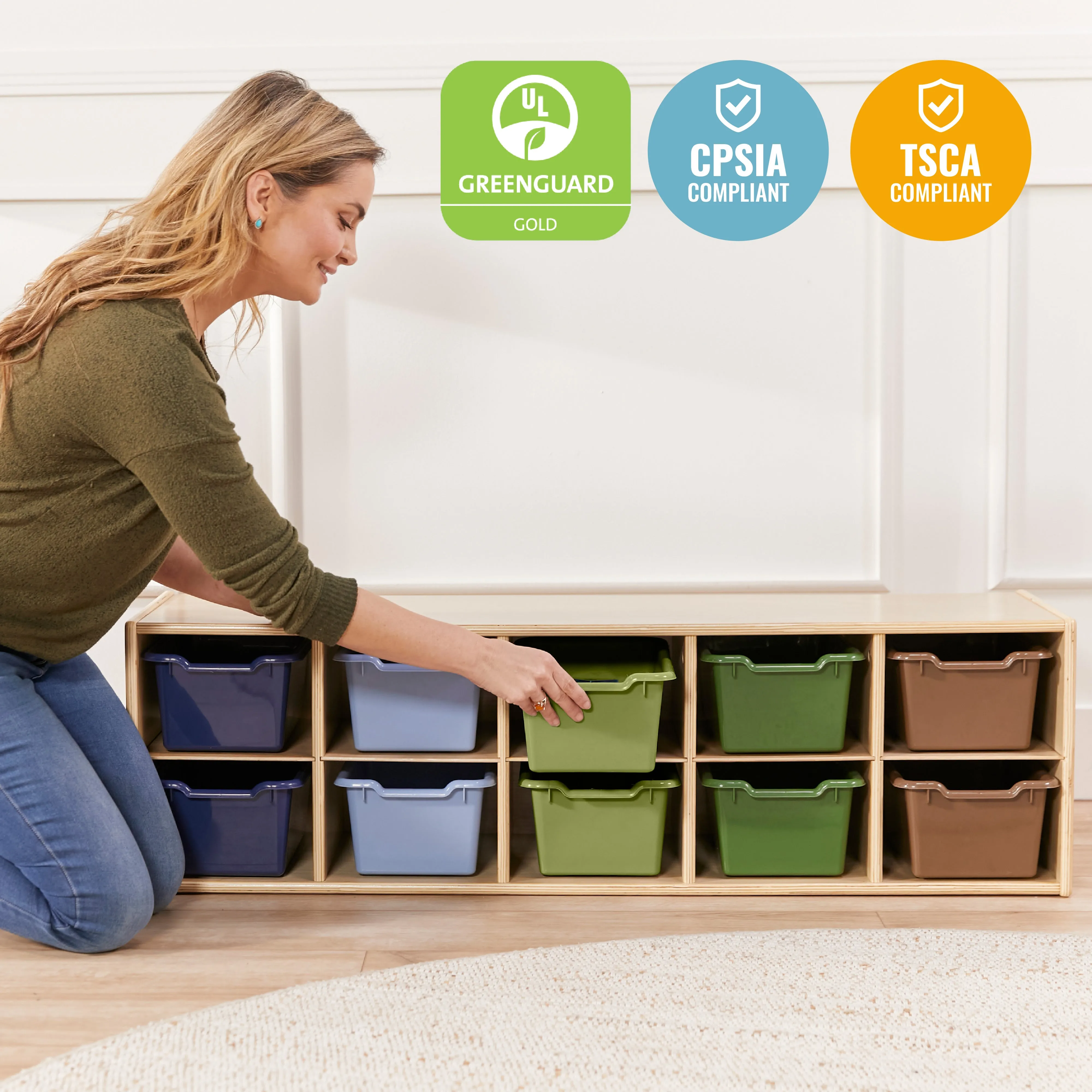 Streamline 10 Cubby Tray Cabinet with Scoop Front Storage Bins, 2x5, Natural, Classroom Furniture