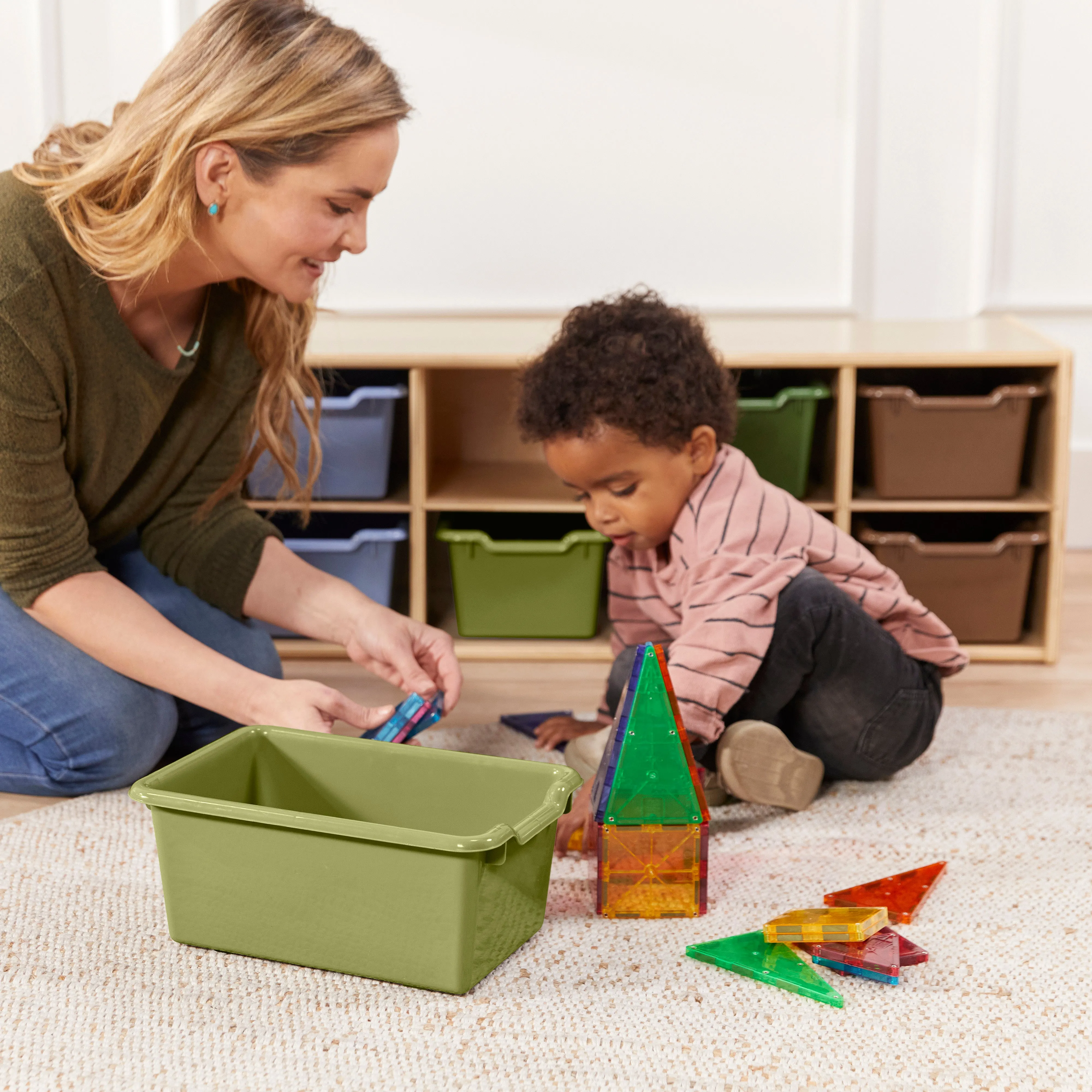 Streamline 10 Cubby Tray Cabinet with Scoop Front Storage Bins, 2x5, Natural, Classroom Furniture