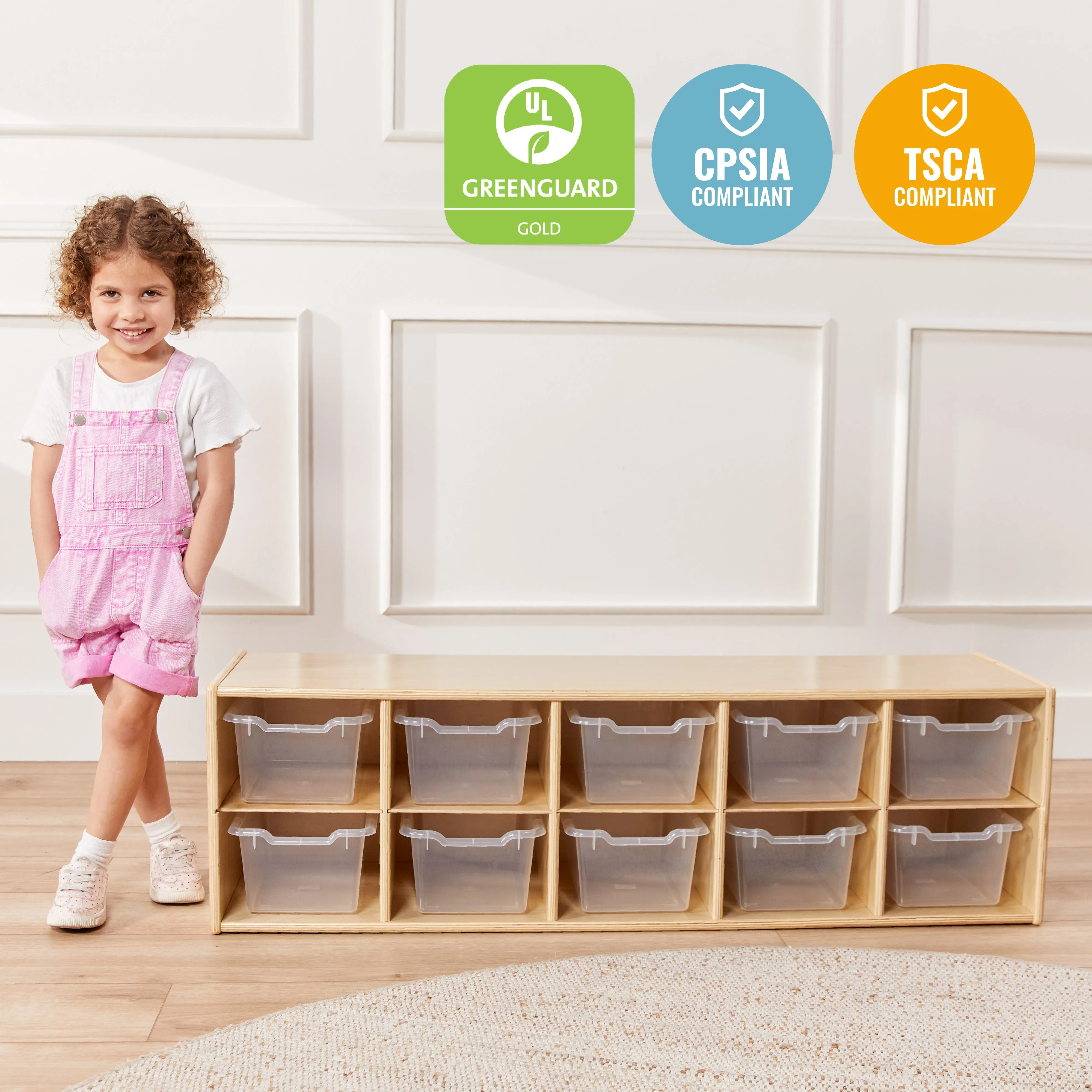Streamline 10 Cubby Tray Cabinet with Scoop Front Storage Bins, 2x5, Natural, Classroom Furniture