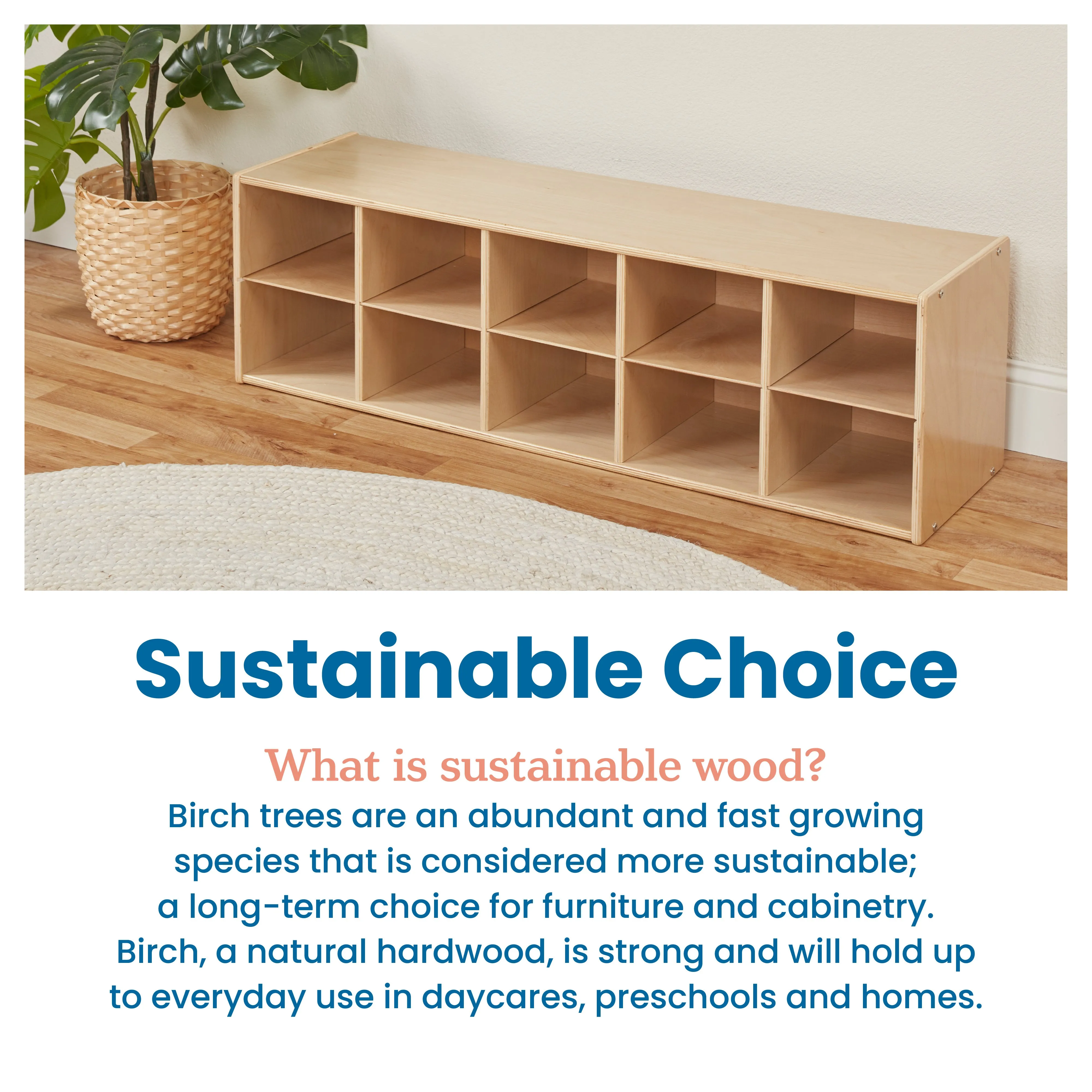 Streamline 10 Cubby Tray Cabinet with Scoop Front Storage Bins, 2x5, Natural, Classroom Furniture