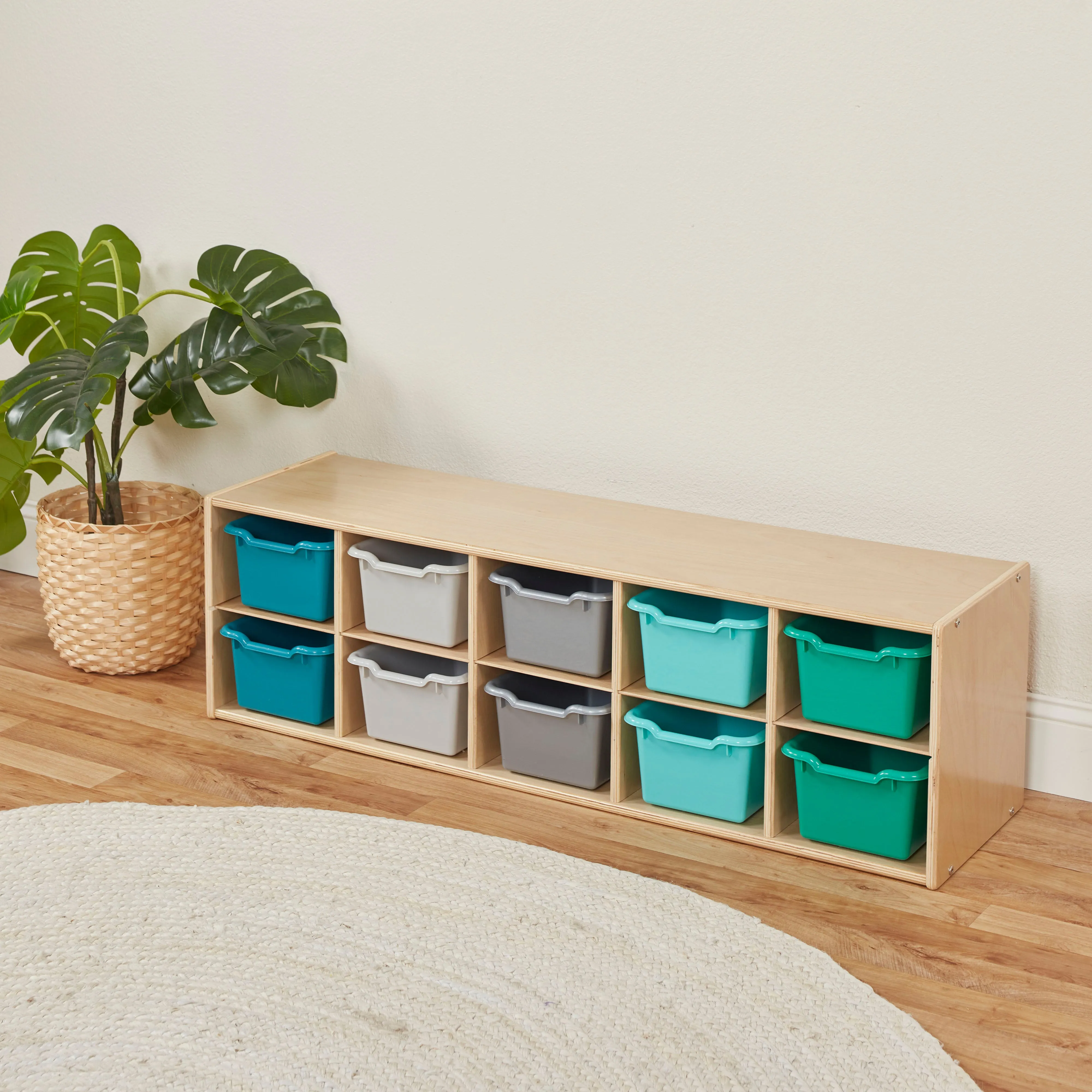Streamline 10 Cubby Tray Cabinet with Scoop Front Storage Bins, 2x5, Natural, Classroom Furniture