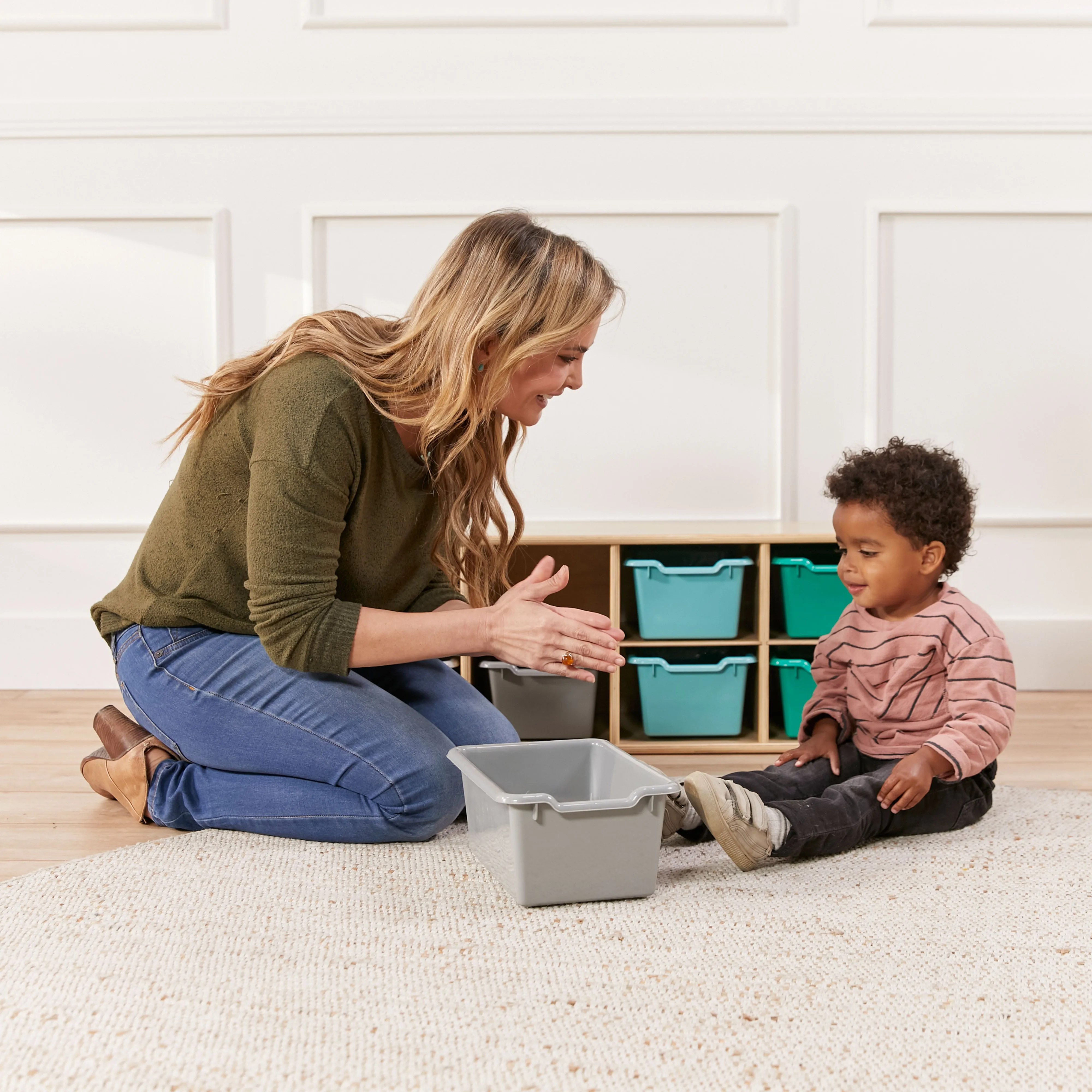 Streamline 10 Cubby Tray Cabinet with Scoop Front Storage Bins, 2x5, Natural, Classroom Furniture