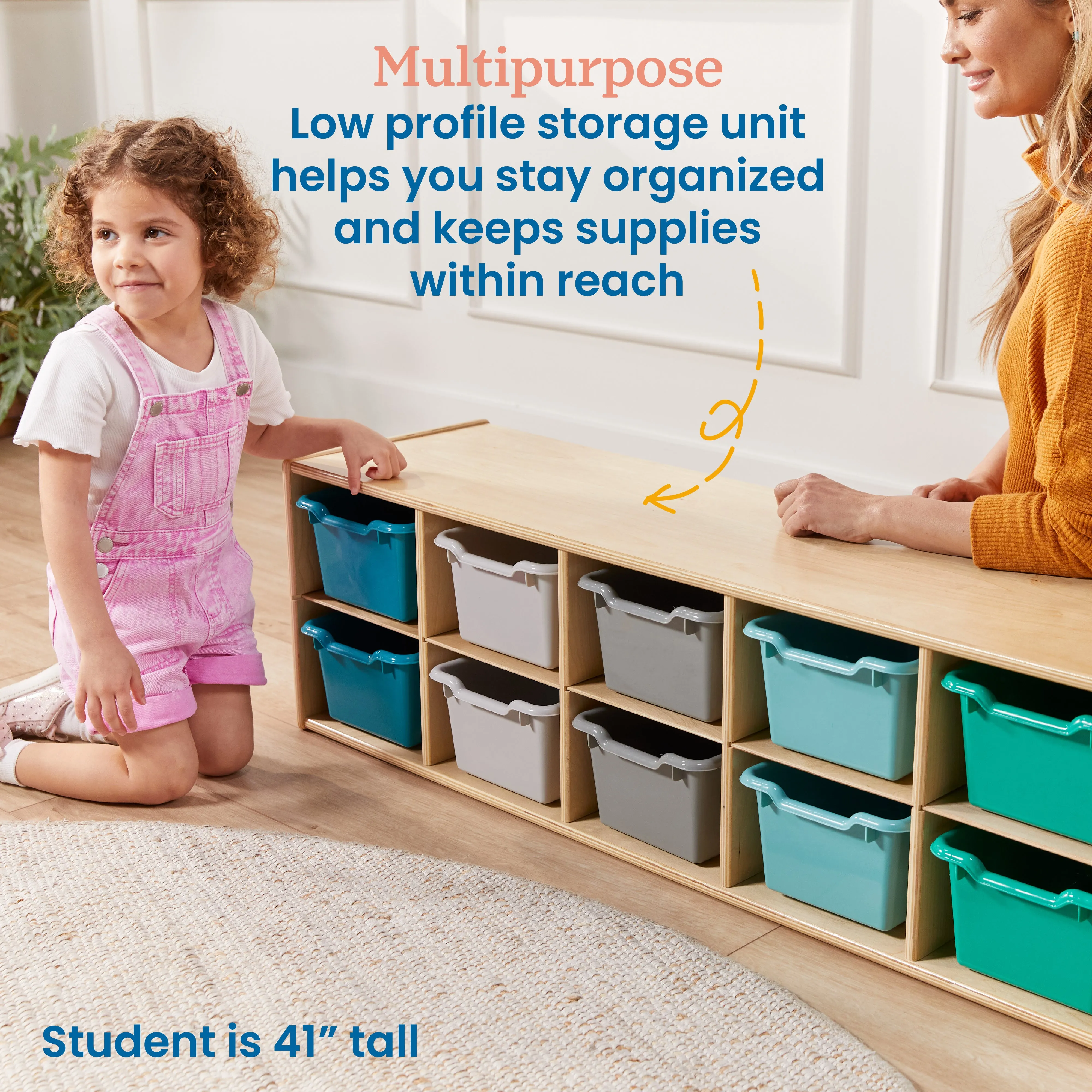 Streamline 10 Cubby Tray Cabinet with Scoop Front Storage Bins, 2x5, Natural, Classroom Furniture