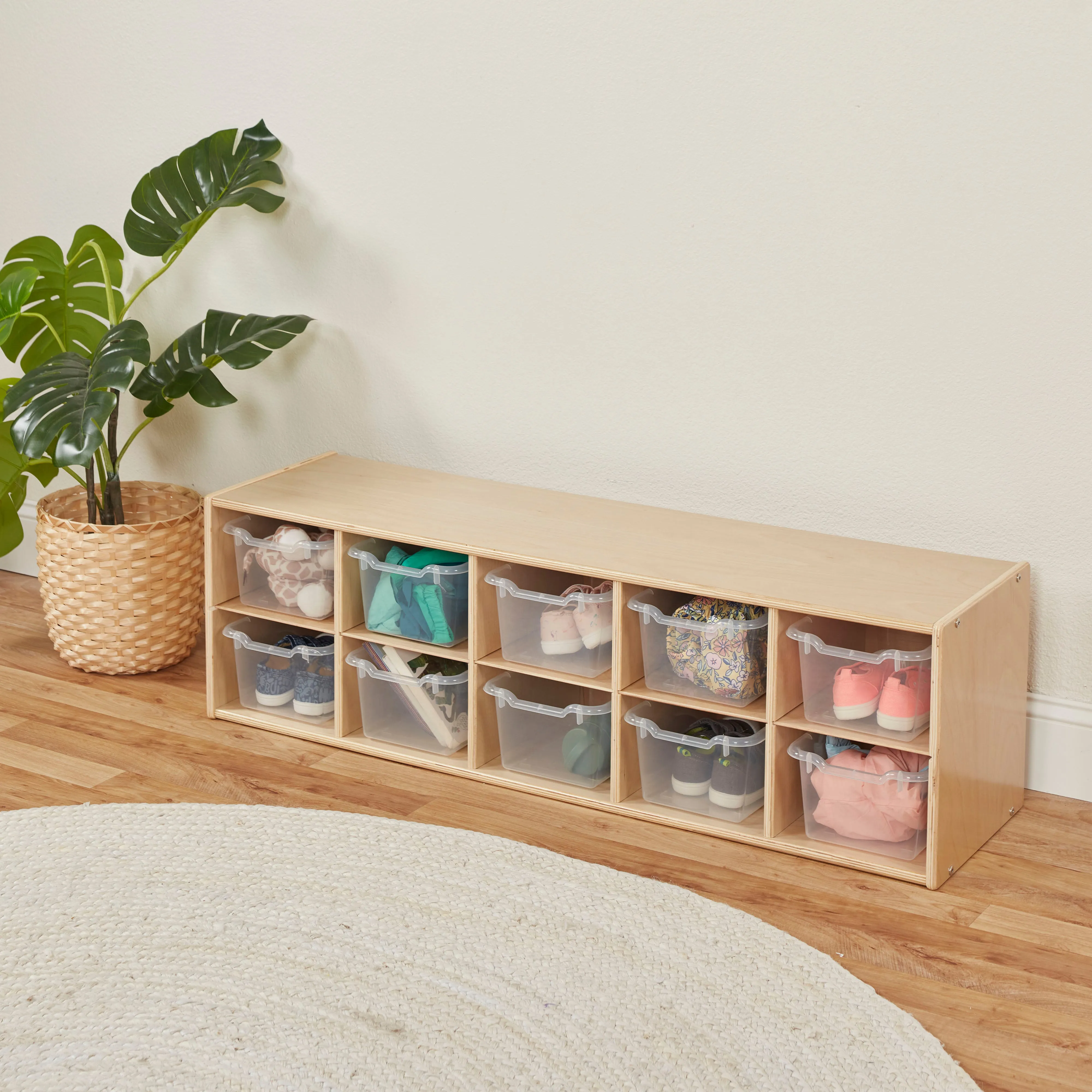 Streamline 10 Cubby Tray Cabinet with Scoop Front Storage Bins, 2x5, Natural, Classroom Furniture