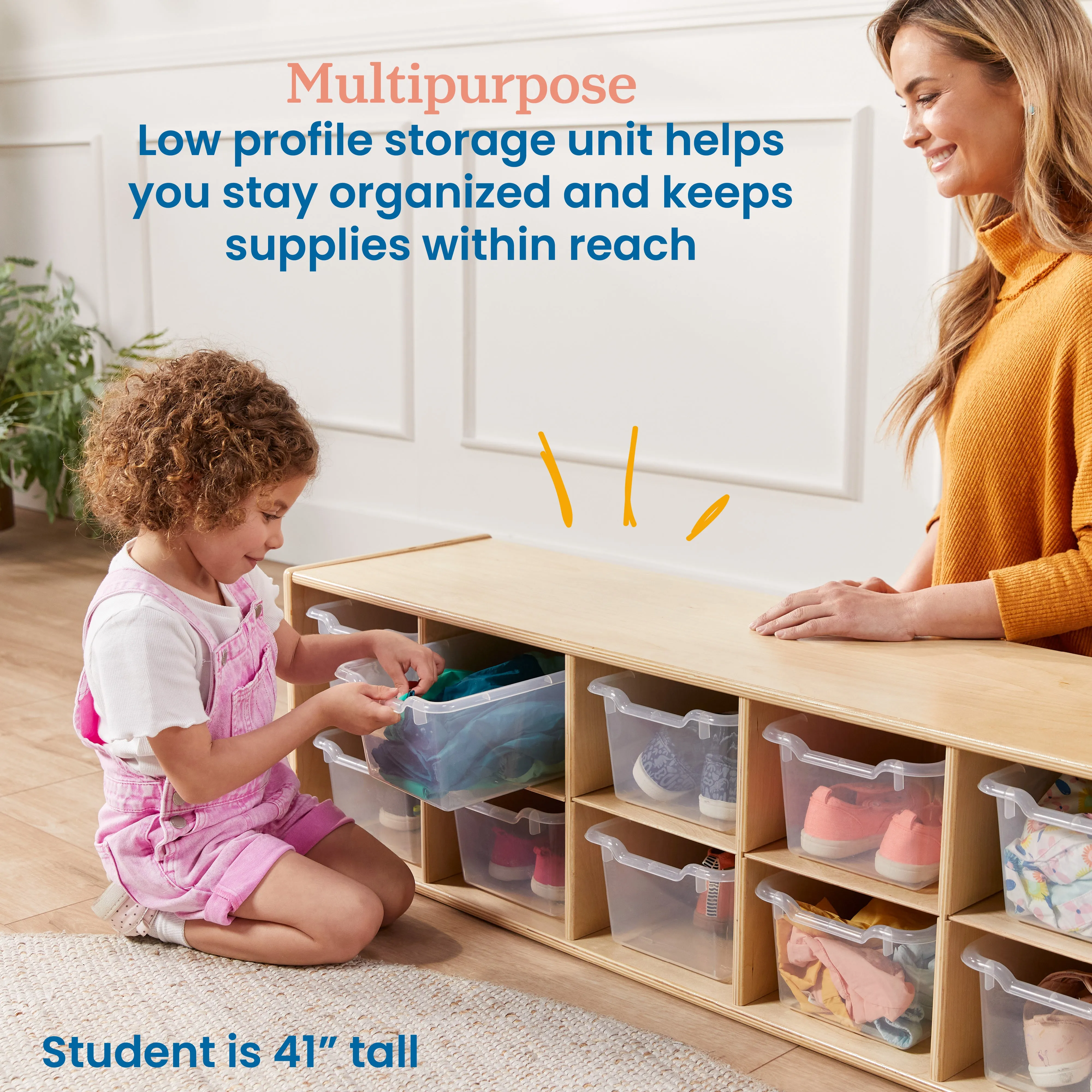 Streamline 10 Cubby Tray Cabinet with Scoop Front Storage Bins, 2x5, Natural, Classroom Furniture