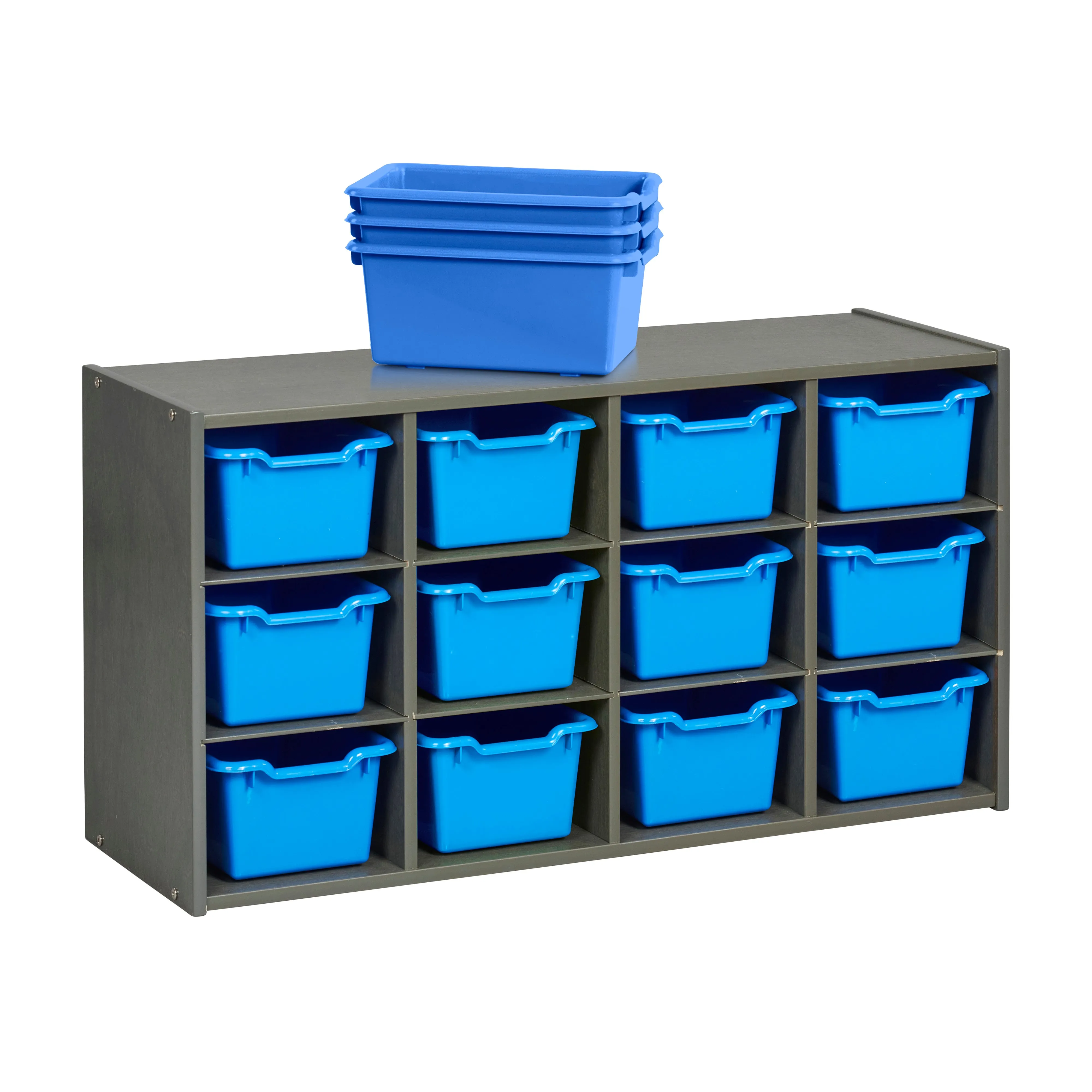 Streamline 12 Cubby Tray Cabinet with Scoop Front Storage Bins, 3x4, Grey Wash, Classroom Furniture