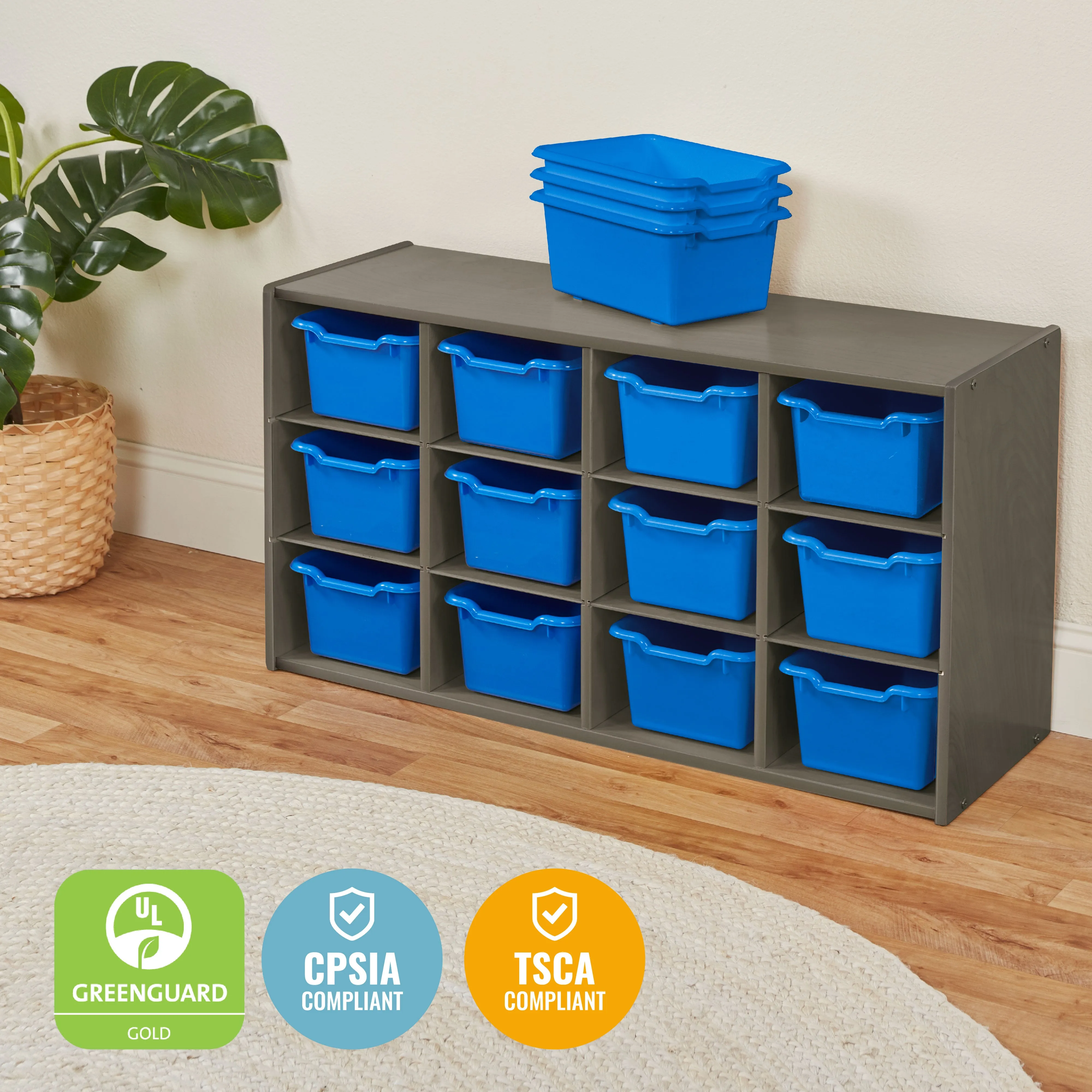 Streamline 12 Cubby Tray Cabinet with Scoop Front Storage Bins, 3x4, Grey Wash, Classroom Furniture