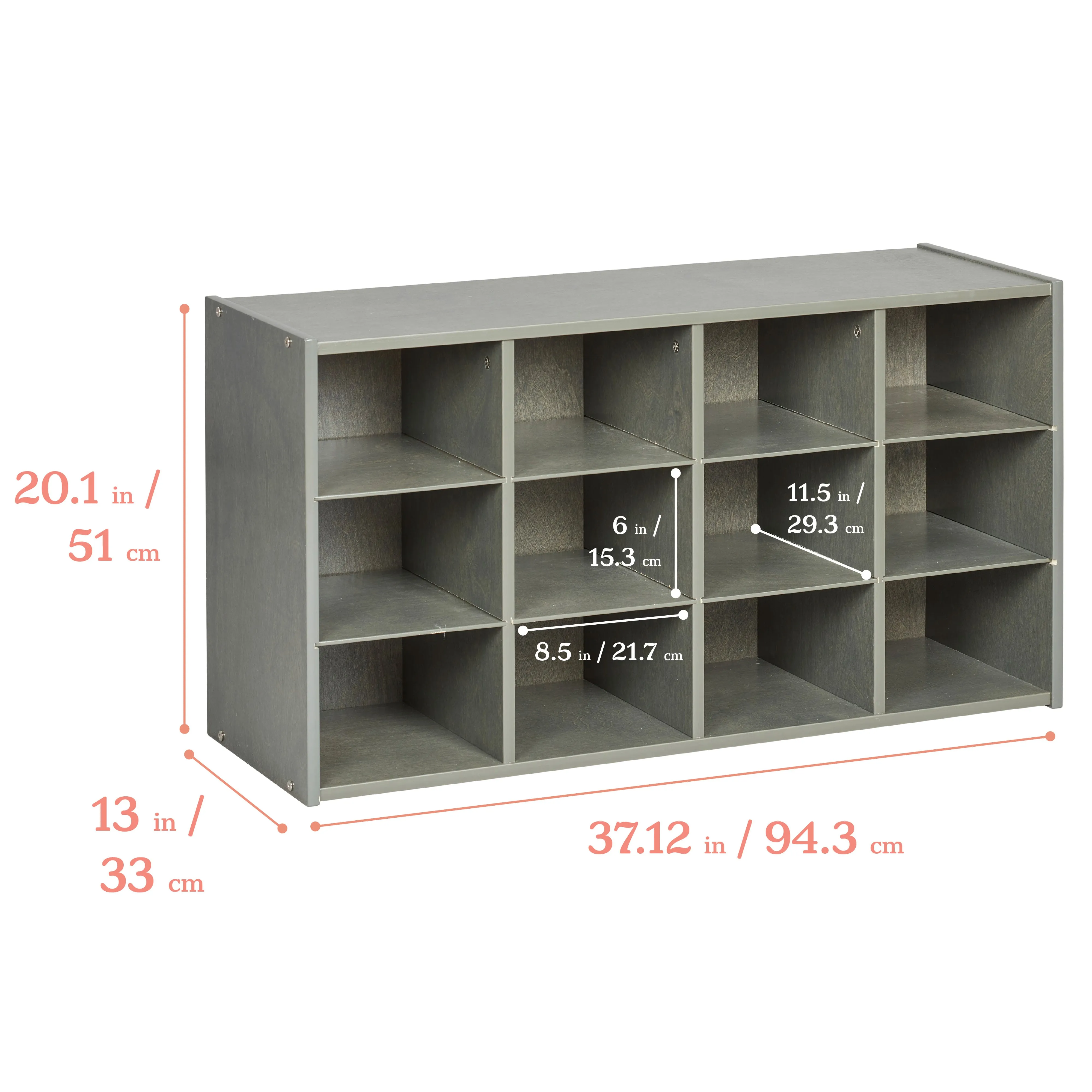 Streamline 12 Cubby Tray Cabinet with Scoop Front Storage Bins, 3x4, Grey Wash, Classroom Furniture