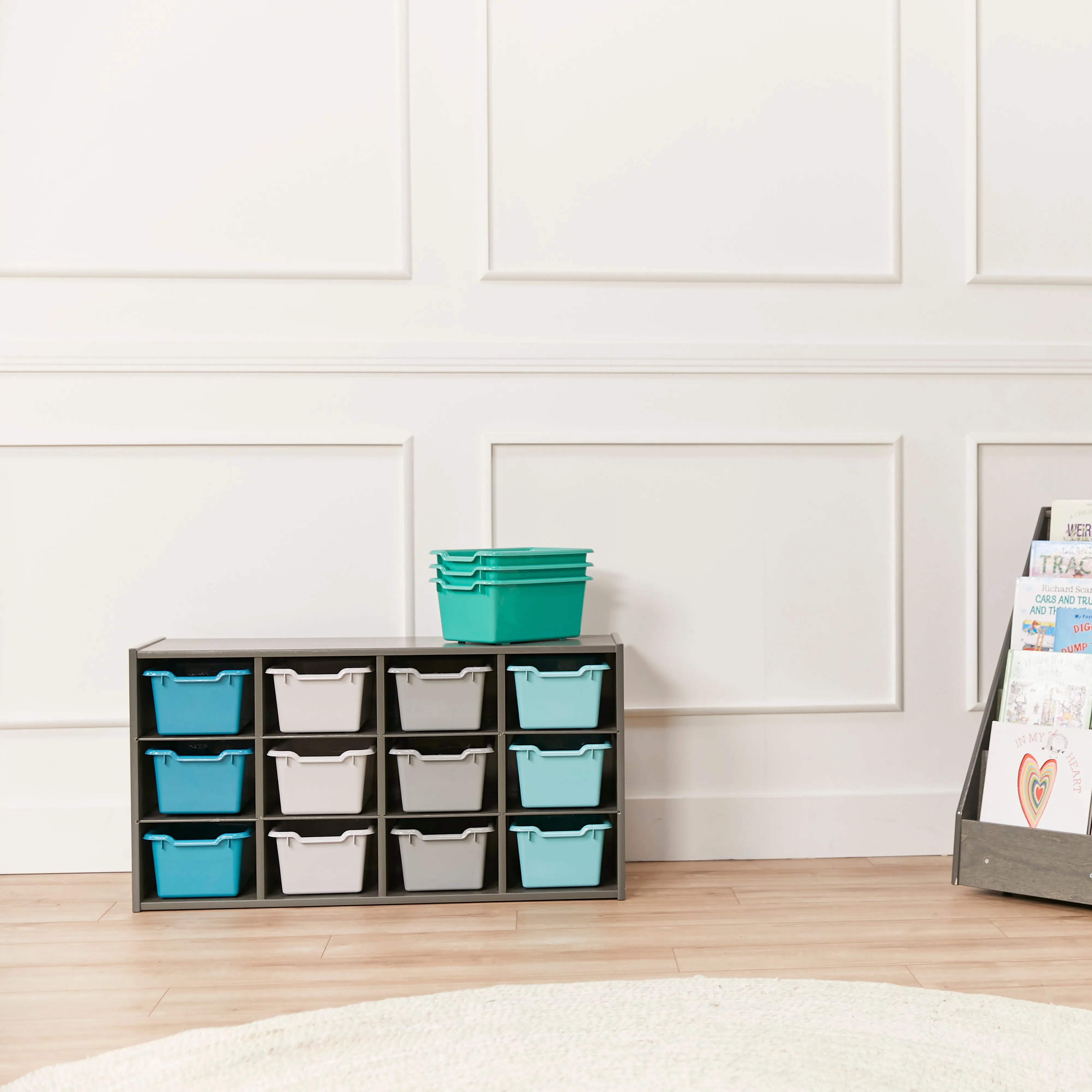 Streamline 12 Cubby Tray Cabinet with Scoop Front Storage Bins, 3x4, Grey Wash, Classroom Furniture