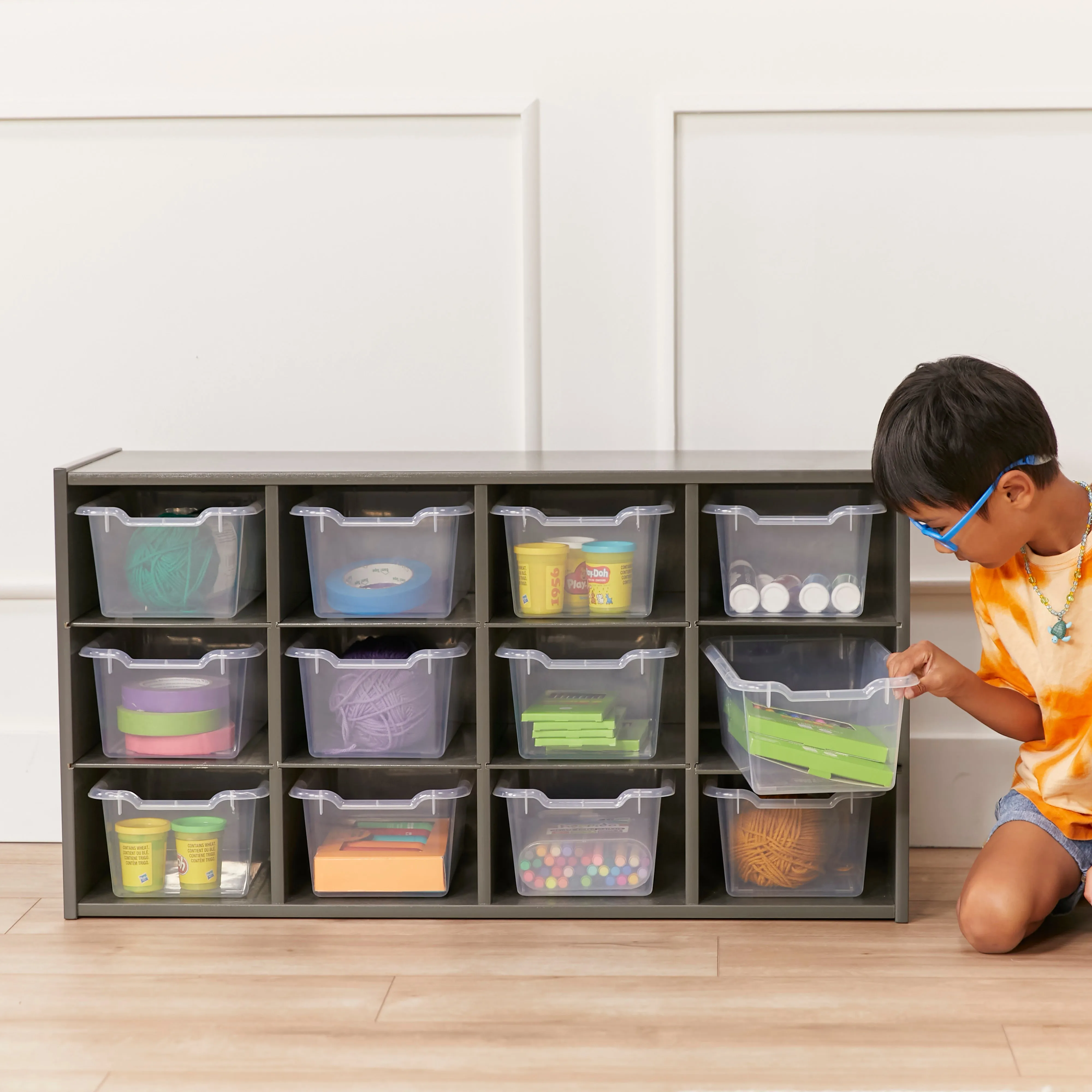 Streamline 12 Cubby Tray Cabinet with Scoop Front Storage Bins, 3x4, Grey Wash, Classroom Furniture