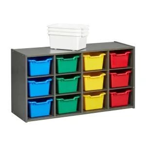 Streamline 12 Cubby Tray Cabinet with Scoop Front Storage Bins, 3x4, Grey Wash, Classroom Furniture