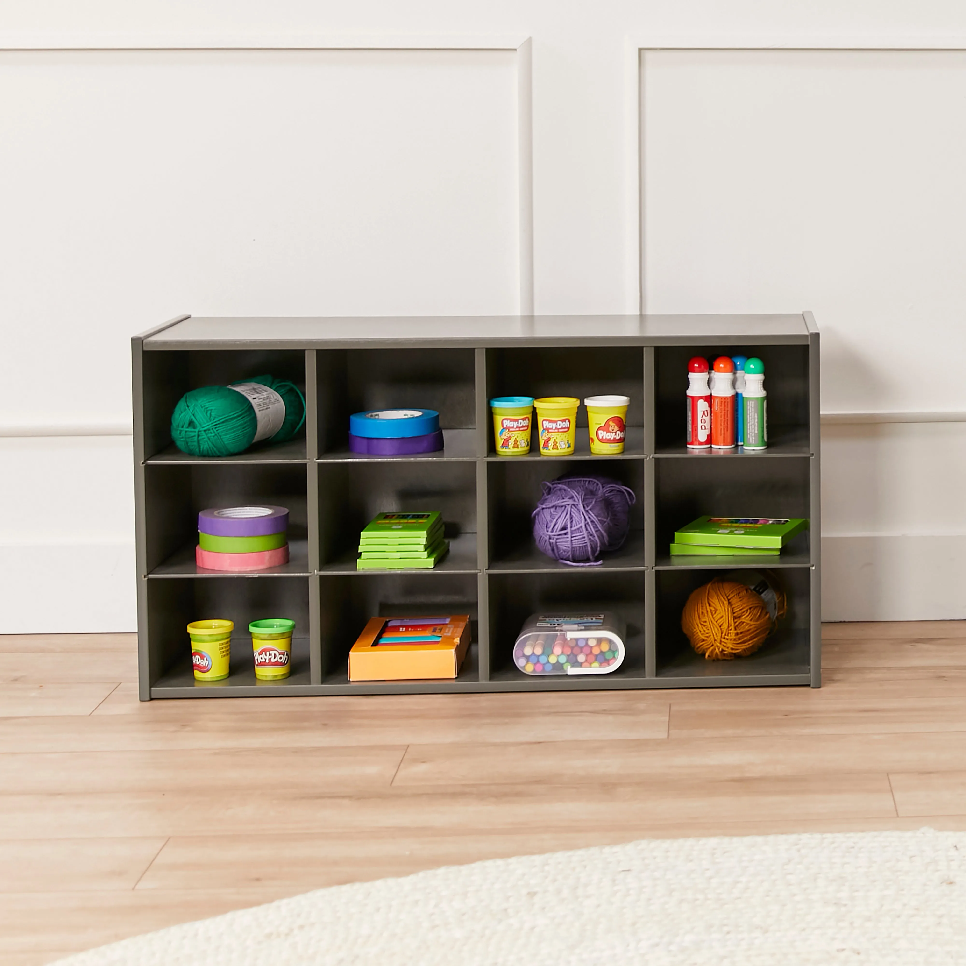 Streamline 12 Cubby Tray Cabinet with Scoop Front Storage Bins, 3x4, Grey Wash, Classroom Furniture