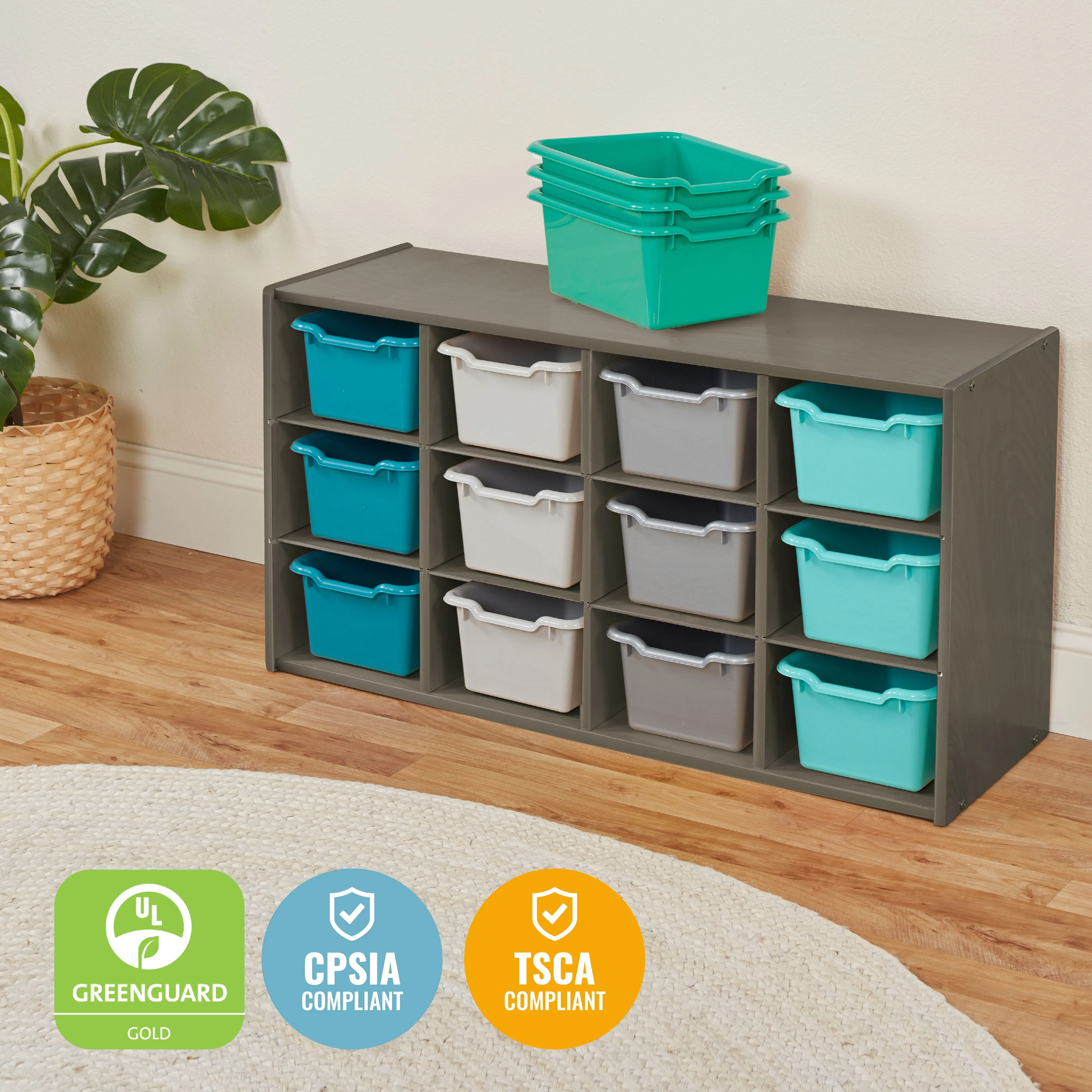 Streamline 12 Cubby Tray Cabinet with Scoop Front Storage Bins, 3x4, Grey Wash, Classroom Furniture