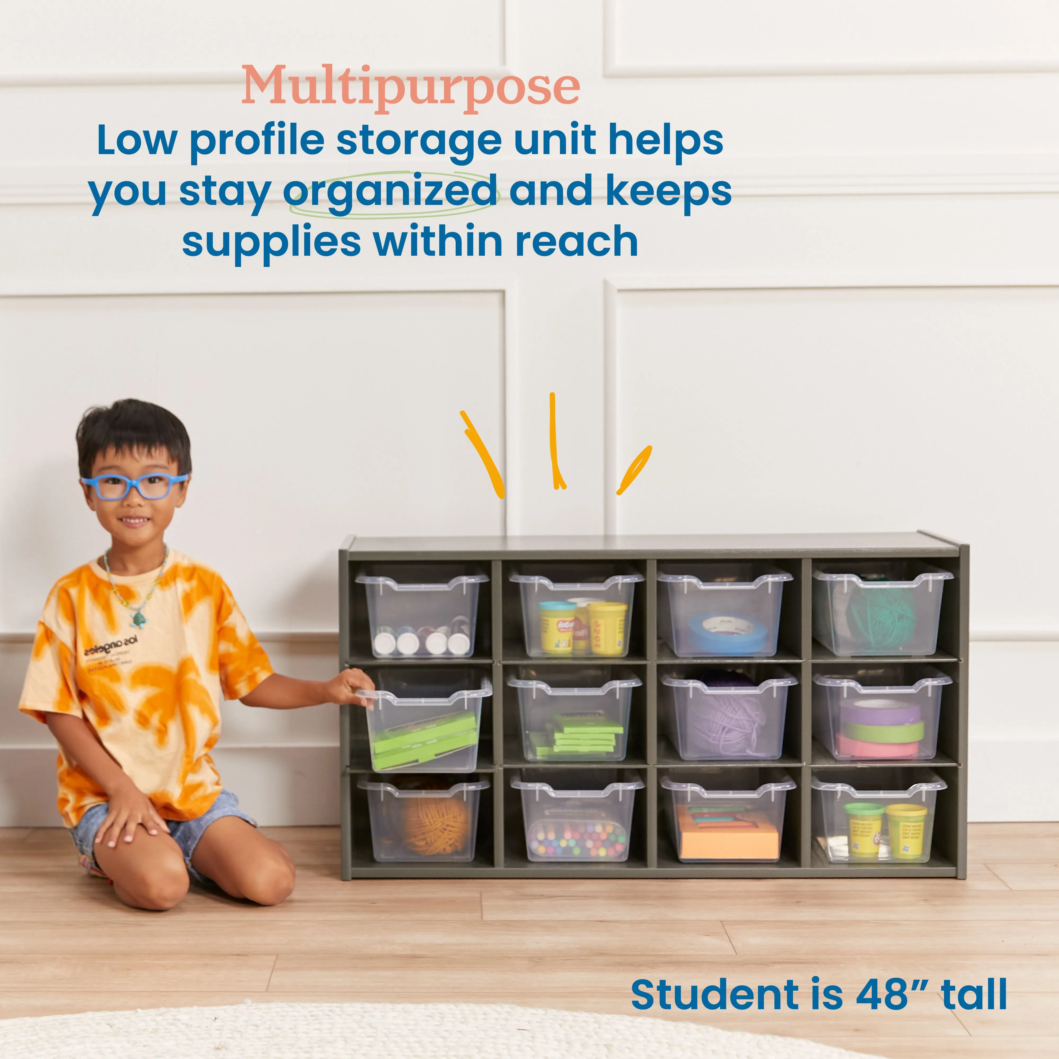 Streamline 12 Cubby Tray Cabinet with Scoop Front Storage Bins, 3x4, Grey Wash, Classroom Furniture