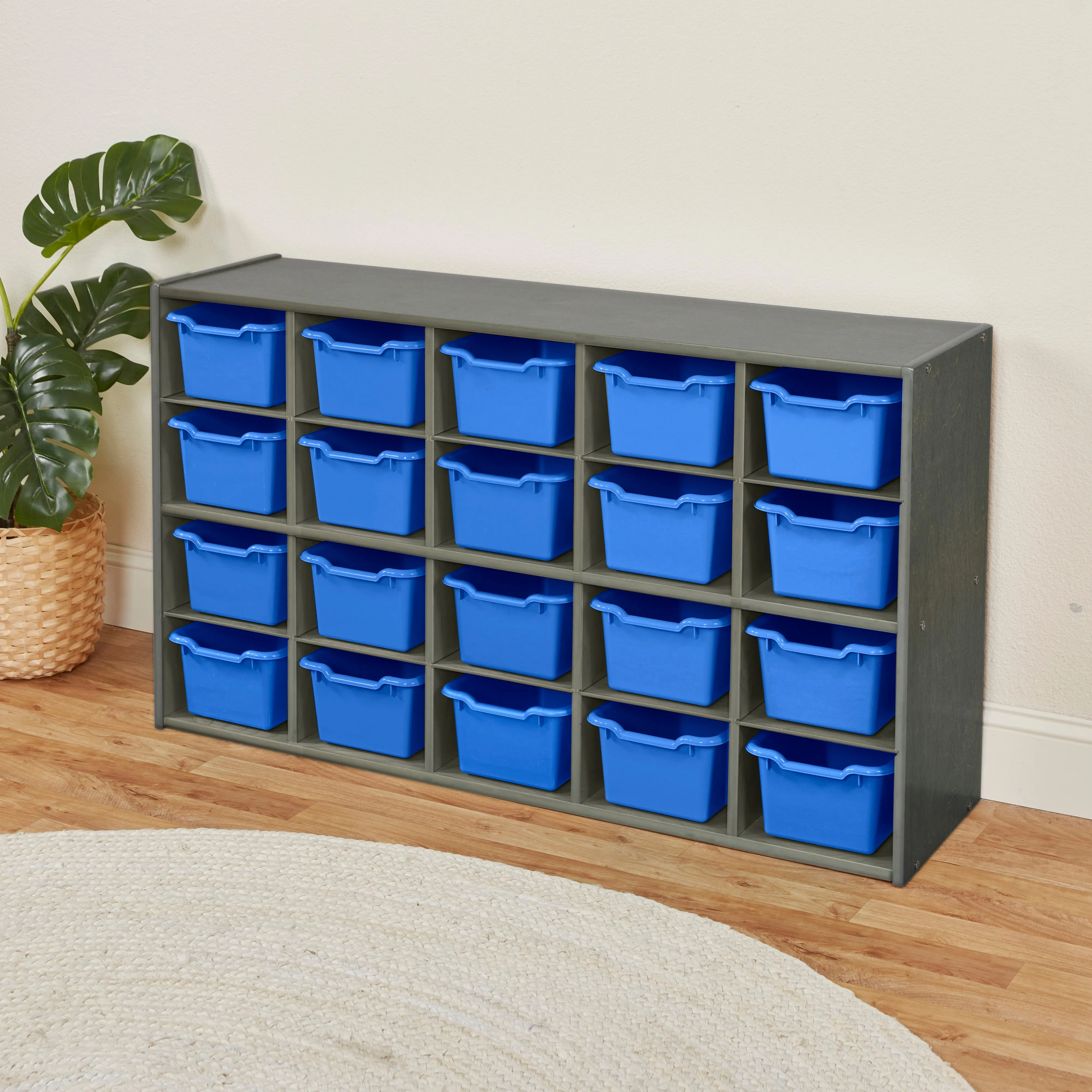 Streamline 20 Cubby Tray Storage Cabinet with Scoop Front Storage Bins, 4x5, Grey Wash