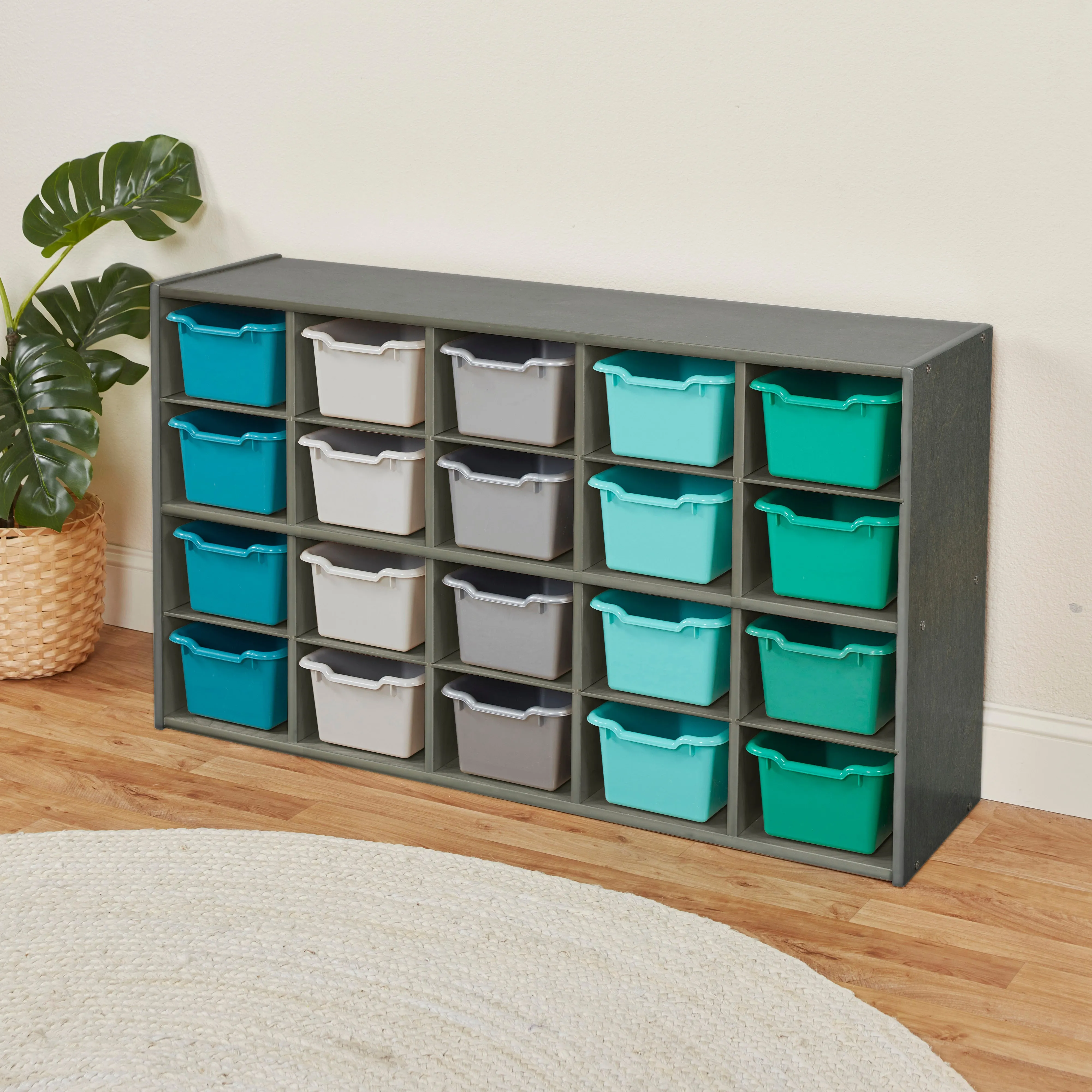 Streamline 20 Cubby Tray Storage Cabinet with Scoop Front Storage Bins, 4x5, Grey Wash