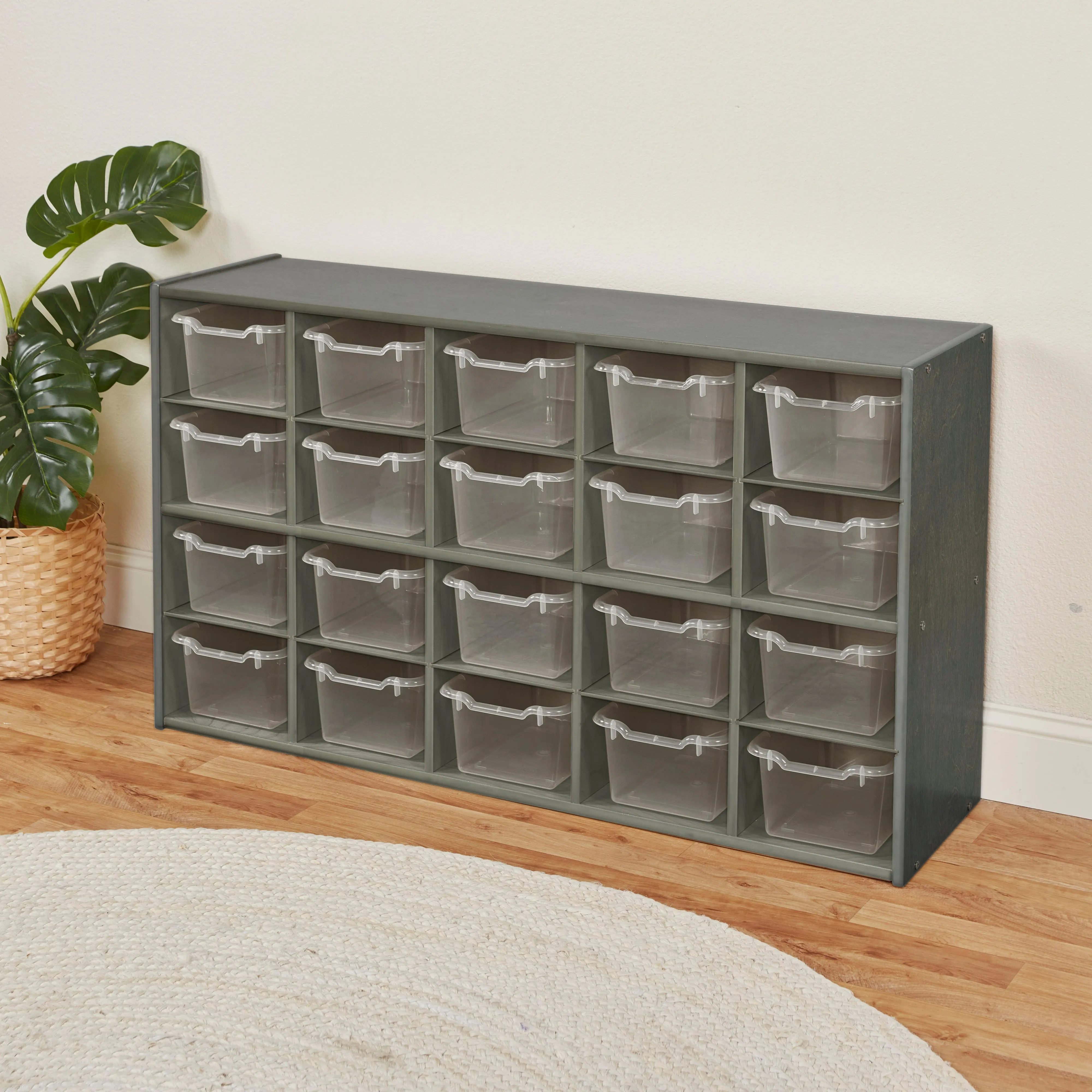 Streamline 20 Cubby Tray Storage Cabinet with Scoop Front Storage Bins, 4x5, Grey Wash