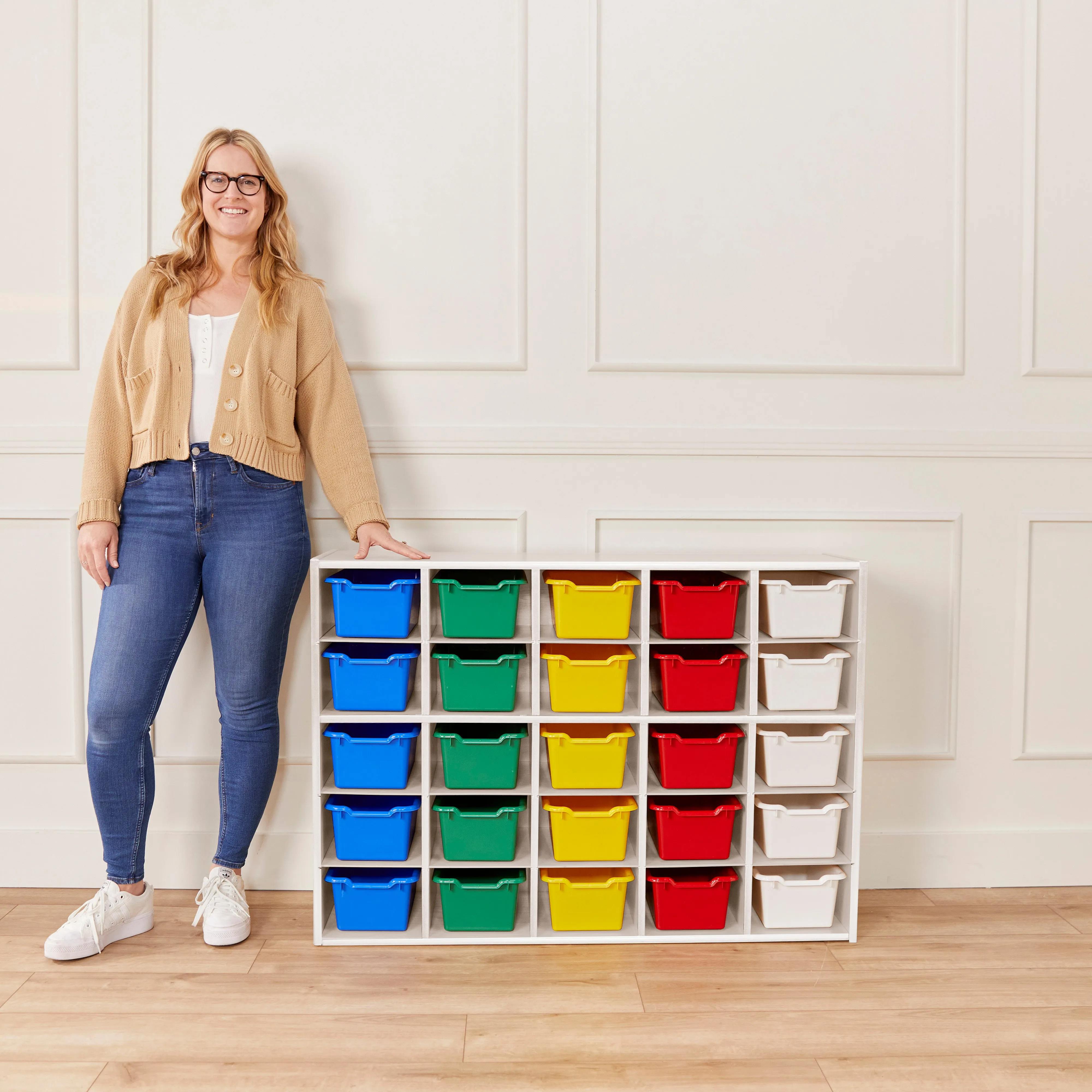 Streamline 25 Cubby Tray Cabinet with Scoop Front Storage Bins, 5x5, White Wash, Classroom Furniture